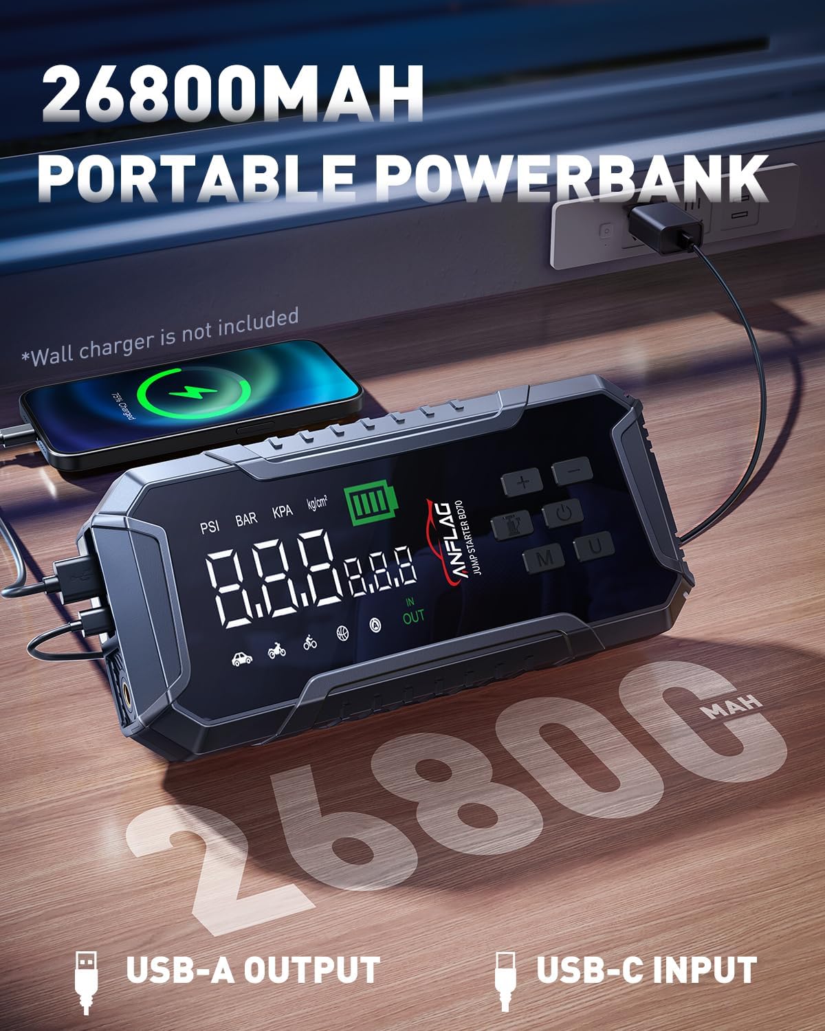 Car Jump Starter with Air Compressor 160PSI, 7000A Car Battery Jumper Starter Portable 12V Jump Box(All Gas/12L Diesel), Cordless Tire Inlfator, 26800mAh Powerbank, Led Lights, Safety Hammer