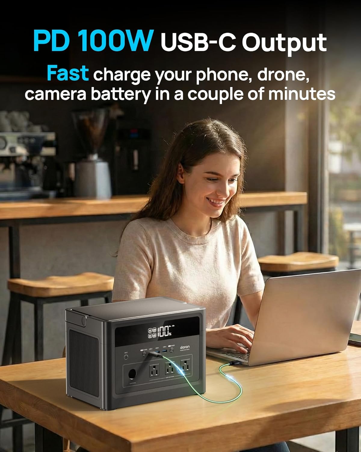 DaranEner Portable Power Station 600W(Surge1200W), 576Wh LiFePO4 Battery Backup, Solar Generator with 100W USB-C Fast Charge, Outdoor Camping RV Backup Power, Home Emergency Power Supply