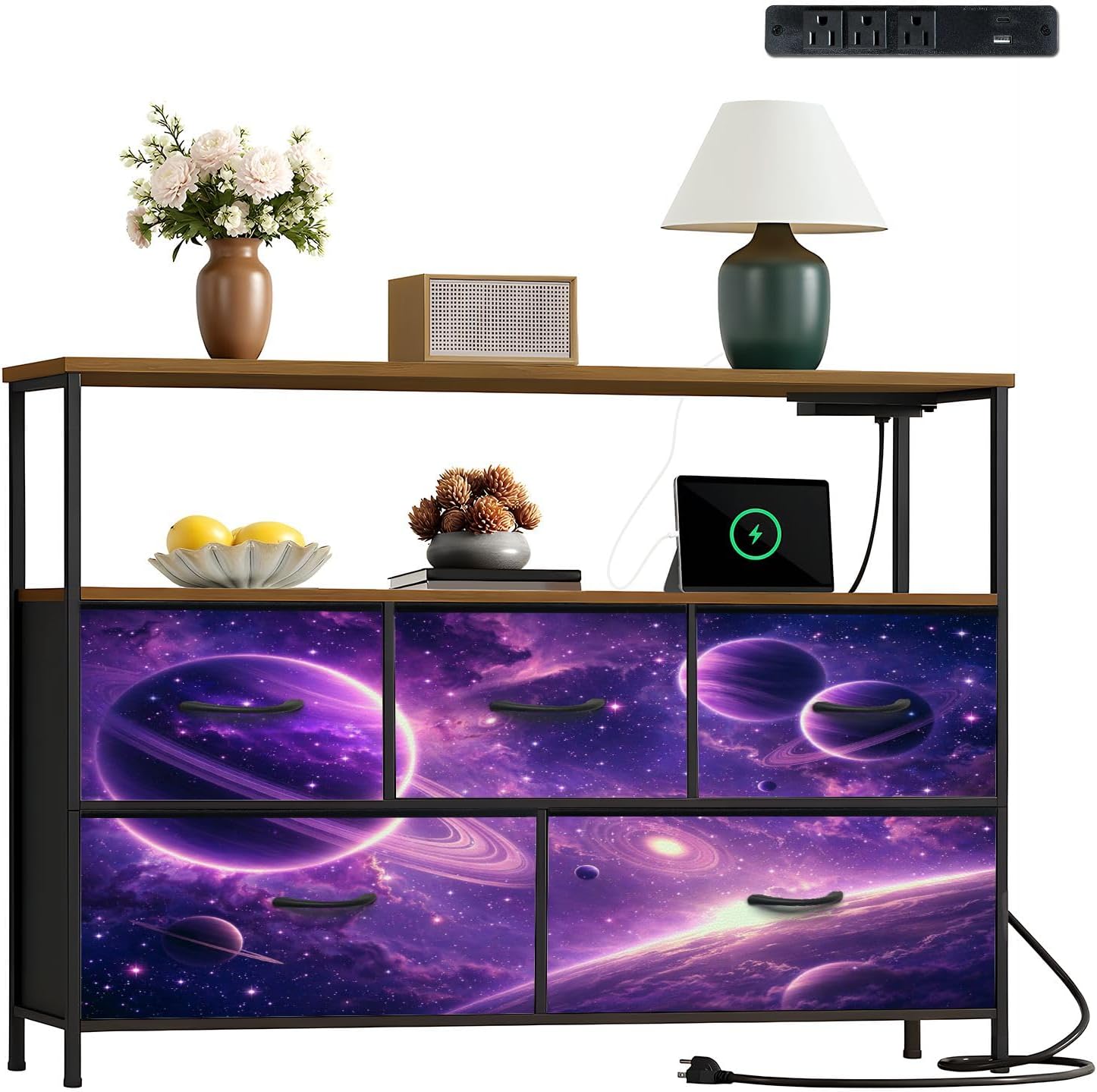 Dresser Mystical Purple Space Landscape Planets Stars for Chest of Drawers with Power Oulet 5 Drawer Dressers with Wood Shelves TV Stand Storage Dresser for Closet