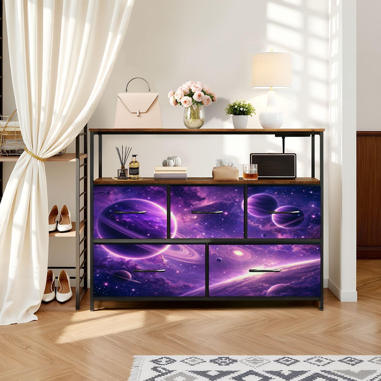 Dresser Mystical Purple Space Landscape Planets Stars for Chest of Drawers with Power Oulet 5 Drawer Dressers with Wood Shelves TV Stand Storage Dresser for Closet