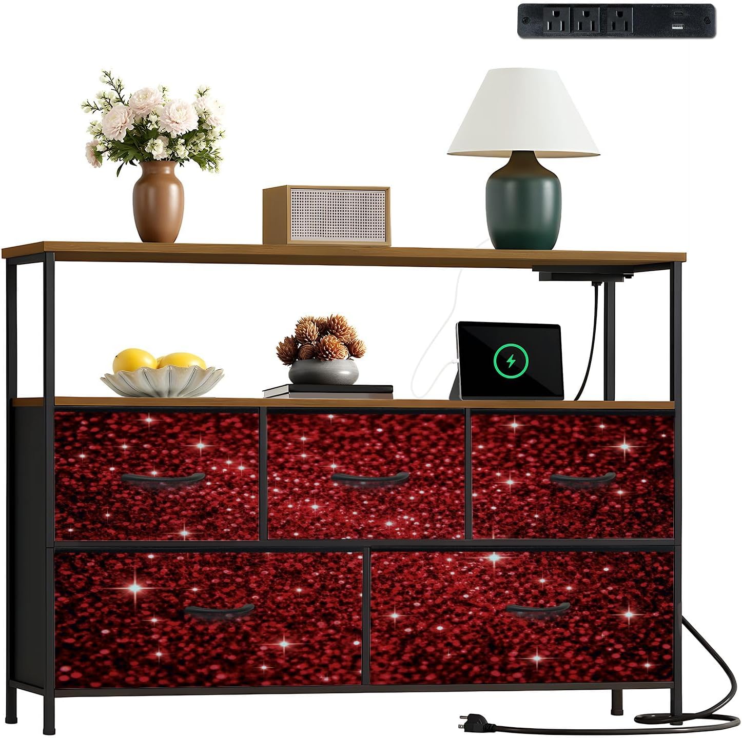 Dresser Red Glitter Sparkle Twinkling Stars for Chest of Drawers with Power Oulet 5 Drawer Dressers with Wood Shelves TV Stand Storage Dresser for Closet