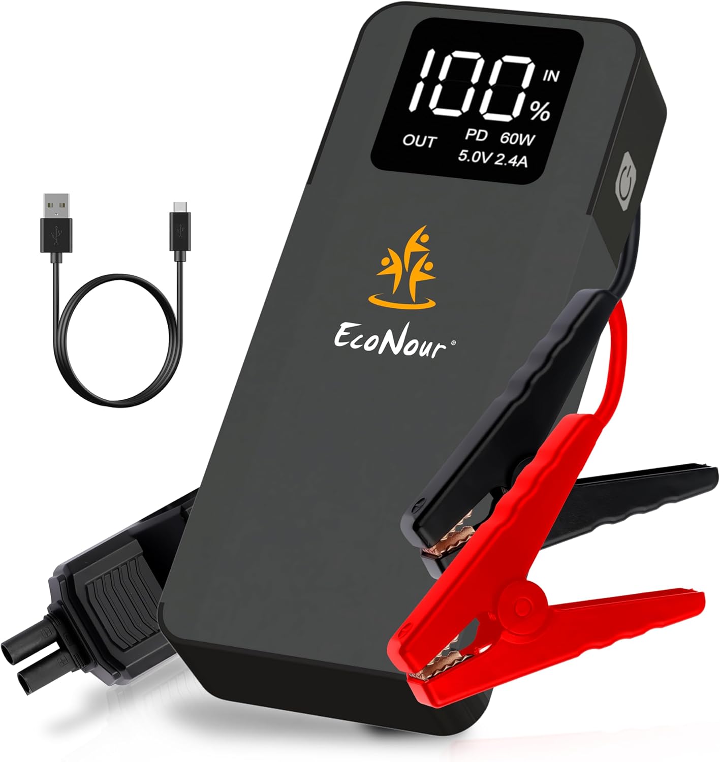EcoNour 2500A Portable Car Jump Starter – 12V Battery Booster Pack Up to 8.5L Gas  6L Diesel Engines – Heavy-Duty Jump Box with Smart Jumper Cables, USB Charger, LED Flashlight – for Cars,SUVs,Trucks