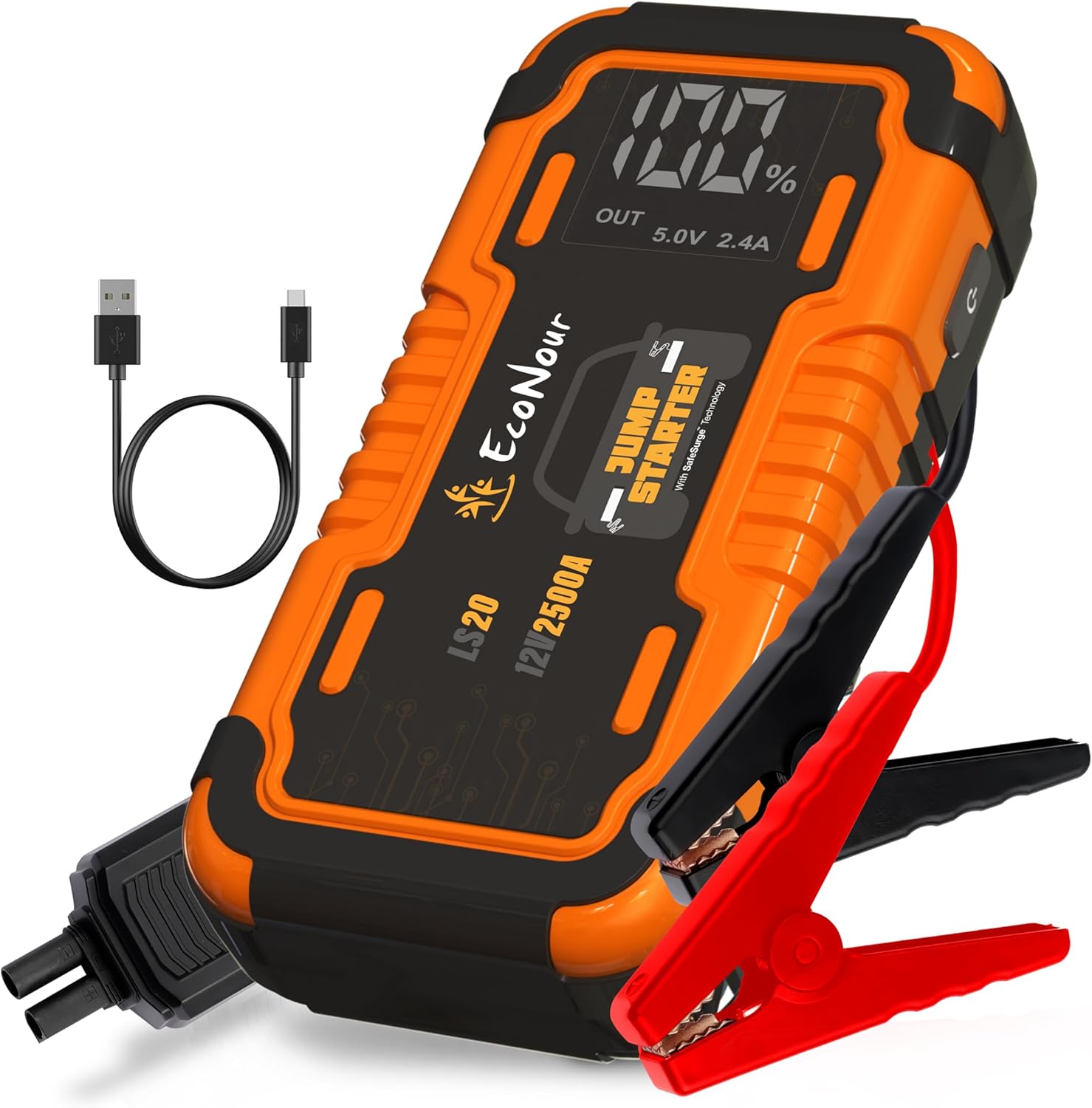 EcoNour 2500A Portable Car Jump Starter – 12V Battery Booster Pack Up to 8.5L Gas  6L Diesel Engines – Heavy-Duty Jump Box with Smart Jumper Cables, USB Charger, LED Flashlight – for Cars,SUVs,Trucks