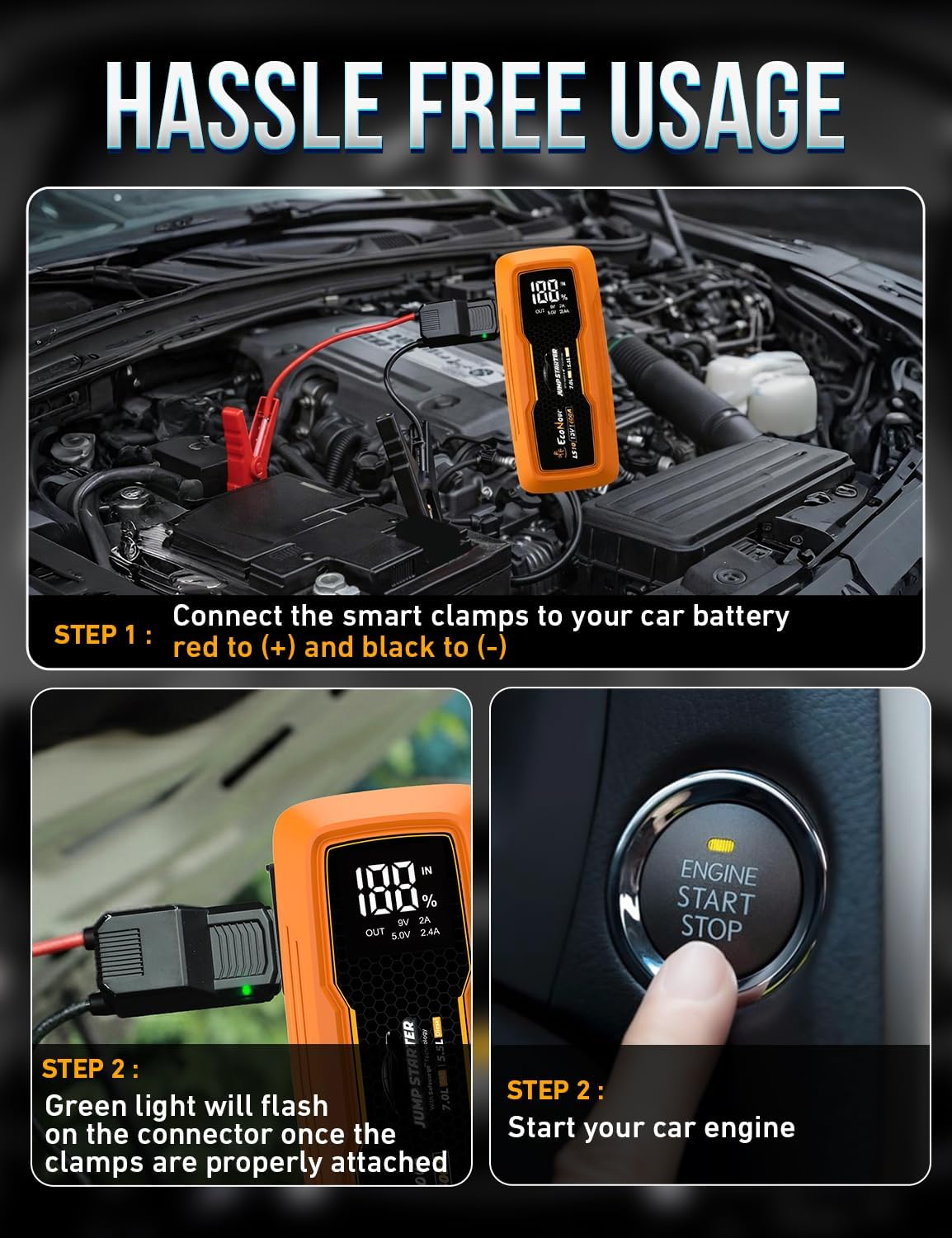 EcoNour Portable Car Battery Jump Starter | 1500A Jump Starter | Car Battery Booster with LED Flashlight  Charger Cable | Ideal Up to 7L Gas/5.5L Diesel Engines | Compatible with Honda, Toyota  Ford