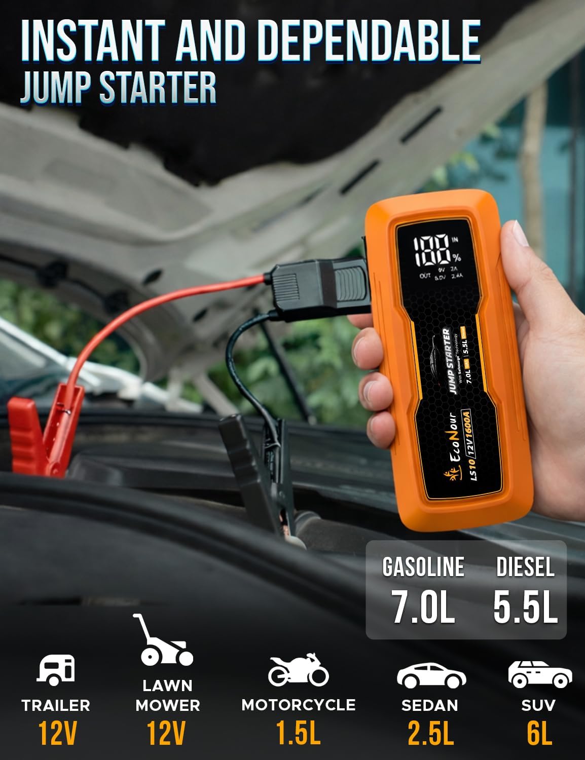 EcoNour Portable Car Battery Jump Starter | 1500A Jump Starter | Car Battery Booster with LED Flashlight  Charger Cable | Ideal Up to 7L Gas/5.5L Diesel Engines | Compatible with Honda, Toyota  Ford