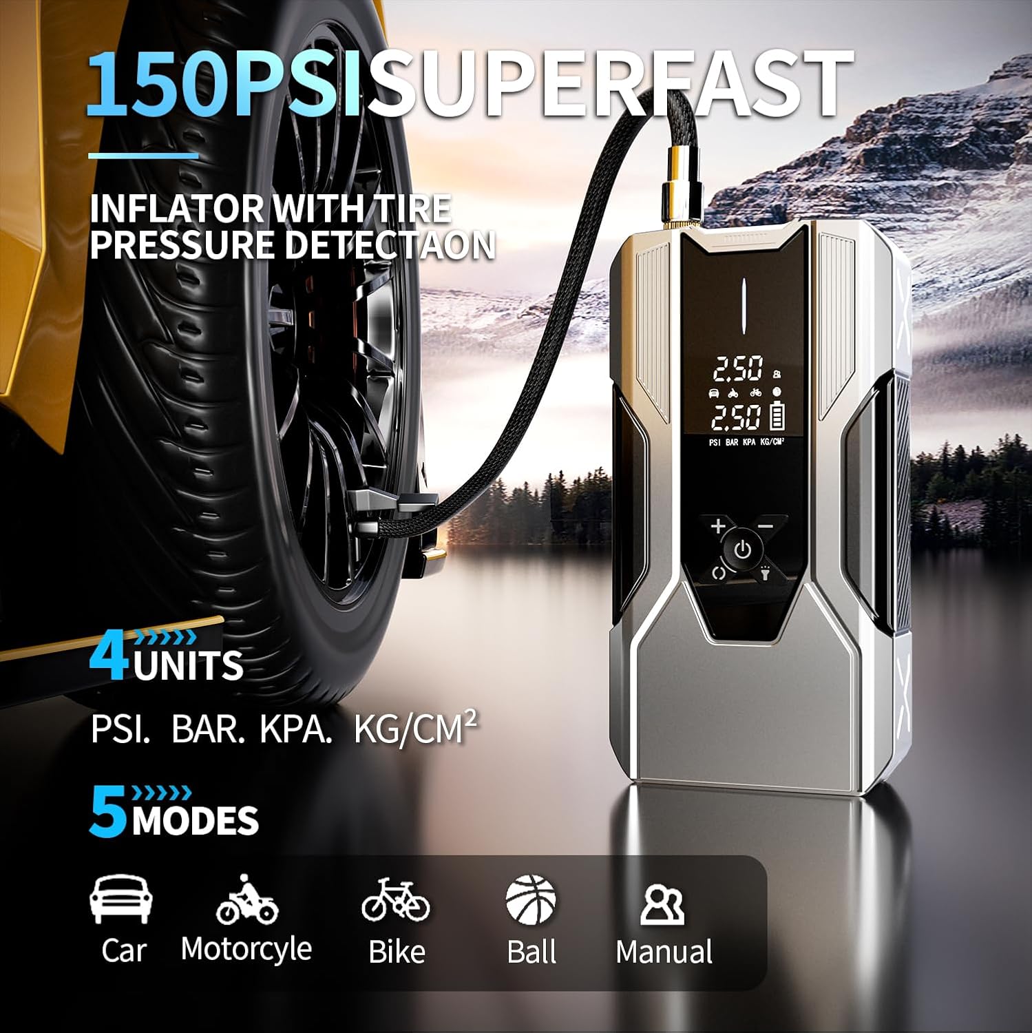 Emergency Portable Jump Starter with Air Compressor - 3000A 150PSI for Cars, Trucks  SUVs up to 9L Gas/7L Diesel, 12000mAh Portable Power Bank, -20°F Cold Start (Silver)