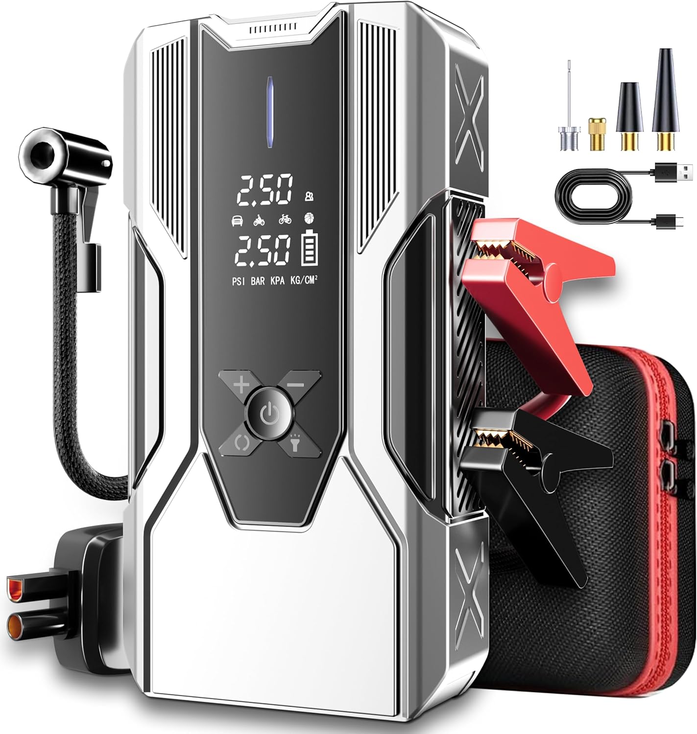Emergency Portable Jump Starter with Air Compressor - 3000A 150PSI for Cars, Trucks  SUVs up to 9L Gas/7L Diesel, 12000mAh Portable Power Bank, -20°F Cold Start (Silver)