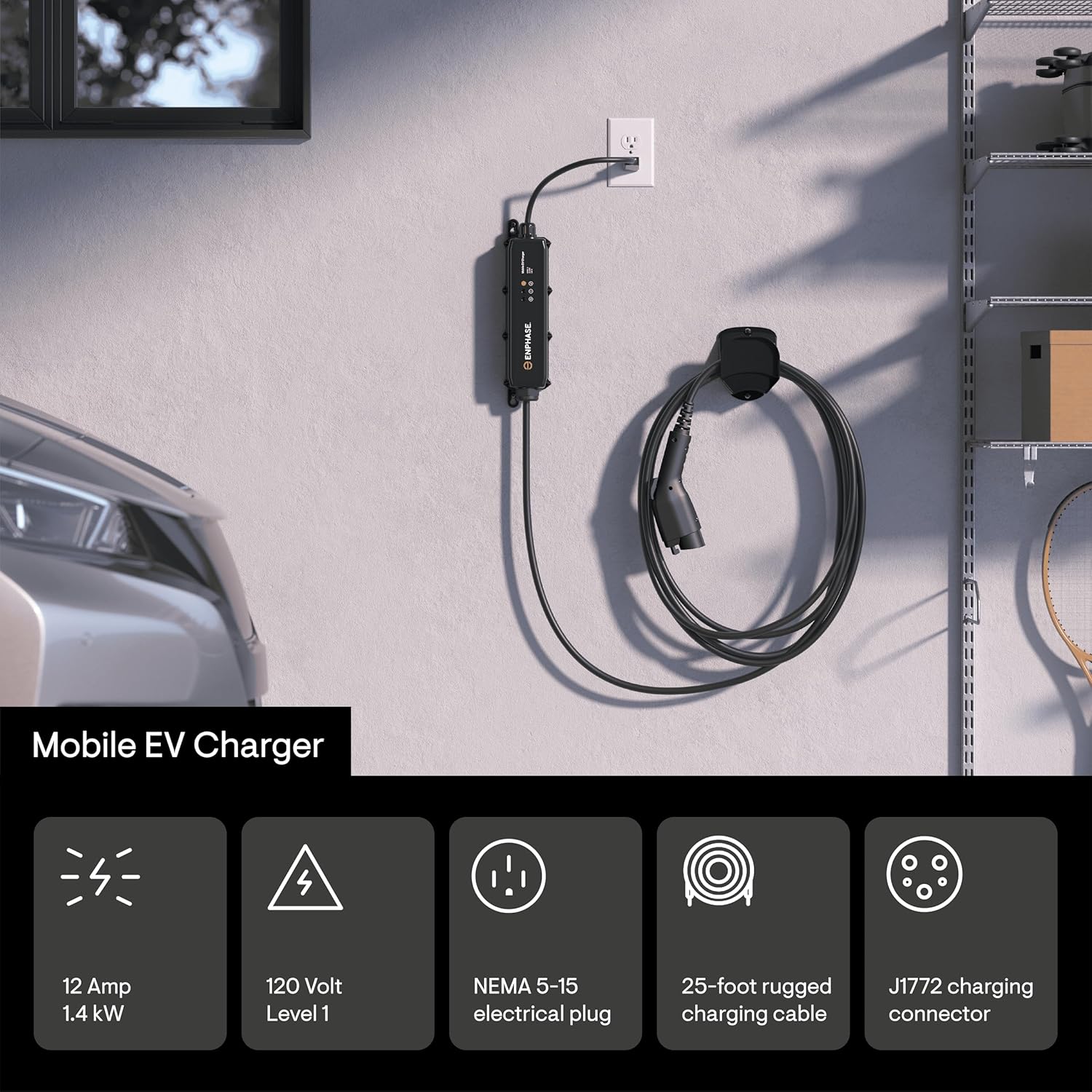 Enphase Mobile EV Charger, 12 A, Safety Certified, Indoor/Outdoor, 25ft Rugged Cable  SAE J1772 Connector, 120V, NEMA 5-15 Plug
