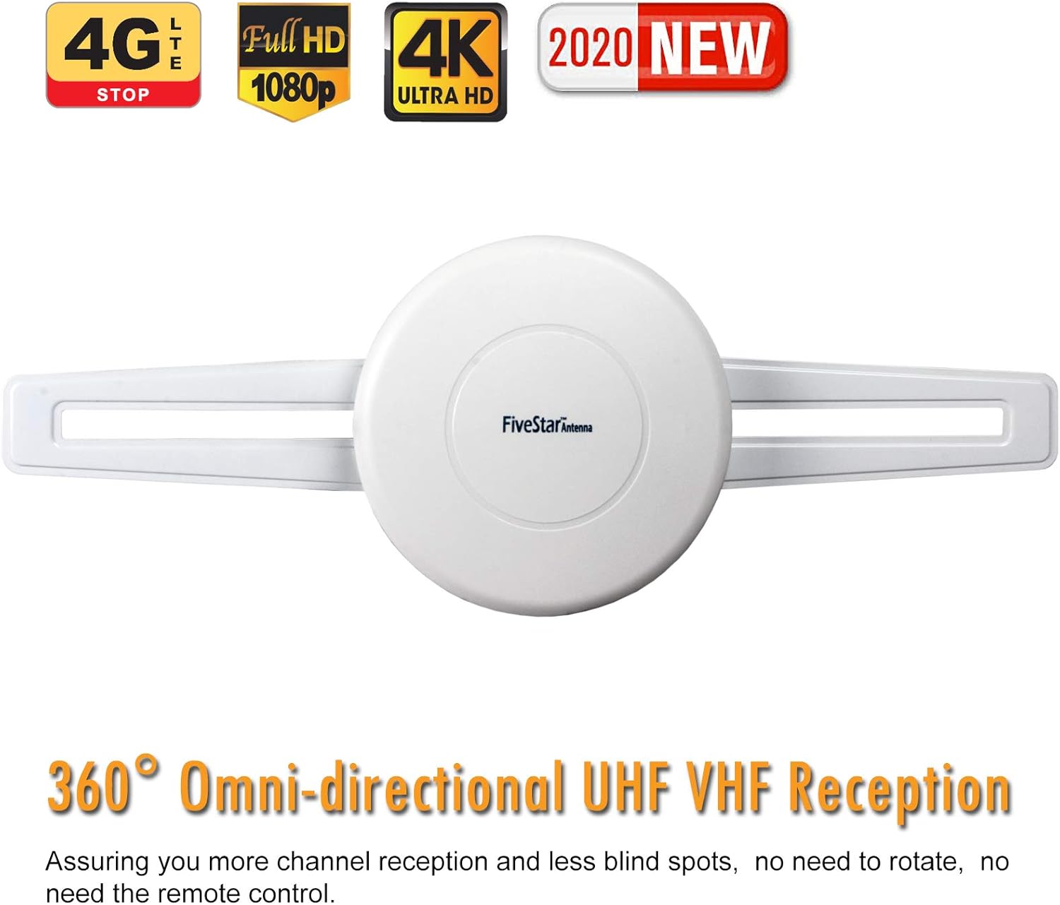 Five Star HDTV Antenna 360° Omni-Directional Reception Amplified Outdoor TV Antenna 150 Miles Long Range for Indoor/Outdoor,RV,Attic Support 4K 1080P UHF VHF 4TVs Installation Kit