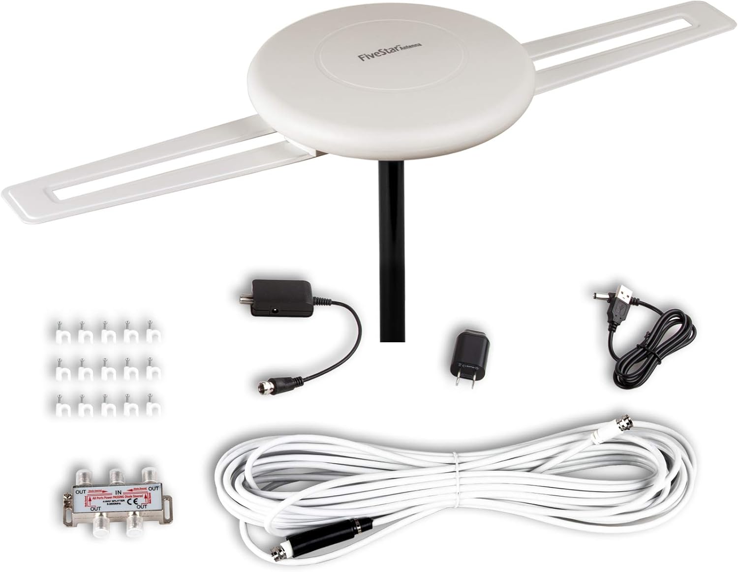 Five Star HDTV Antenna 360° Omni-Directional Reception Amplified Outdoor TV Antenna 150 Miles Long Range for Indoor/Outdoor,RV,Attic Support 4K 1080P UHF VHF 4TVs Installation Kit