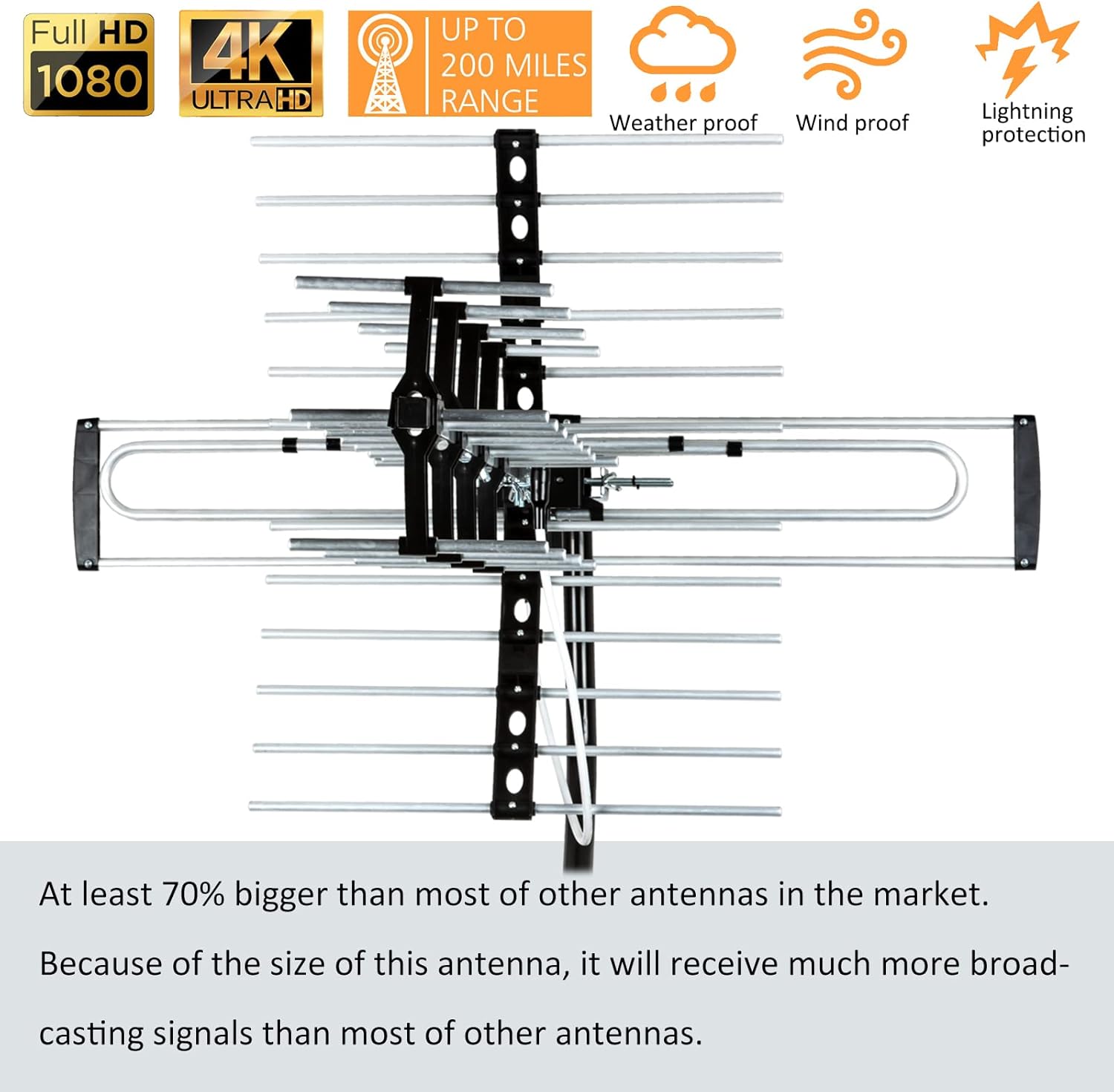 Five Star Outdoor HDTV Antenna up to 200 Mile Long Range, Attic or Roof Mount, Digital OTA Antenna for 4K 1080P VHF UHF Supports 4 TVs Installation Kit  J Mount, ATSC 3.0 Ready