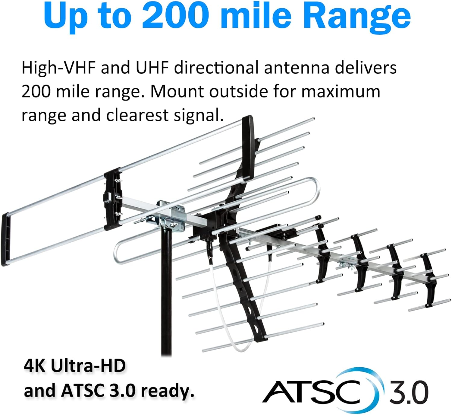 Five Star Outdoor HDTV Antenna up to 200 Mile Long Range, Attic or Roof Mount, Digital OTA Antenna for 4K 1080P VHF UHF Supports 4 TVs Installation Kit  J Mount, ATSC 3.0 Ready
