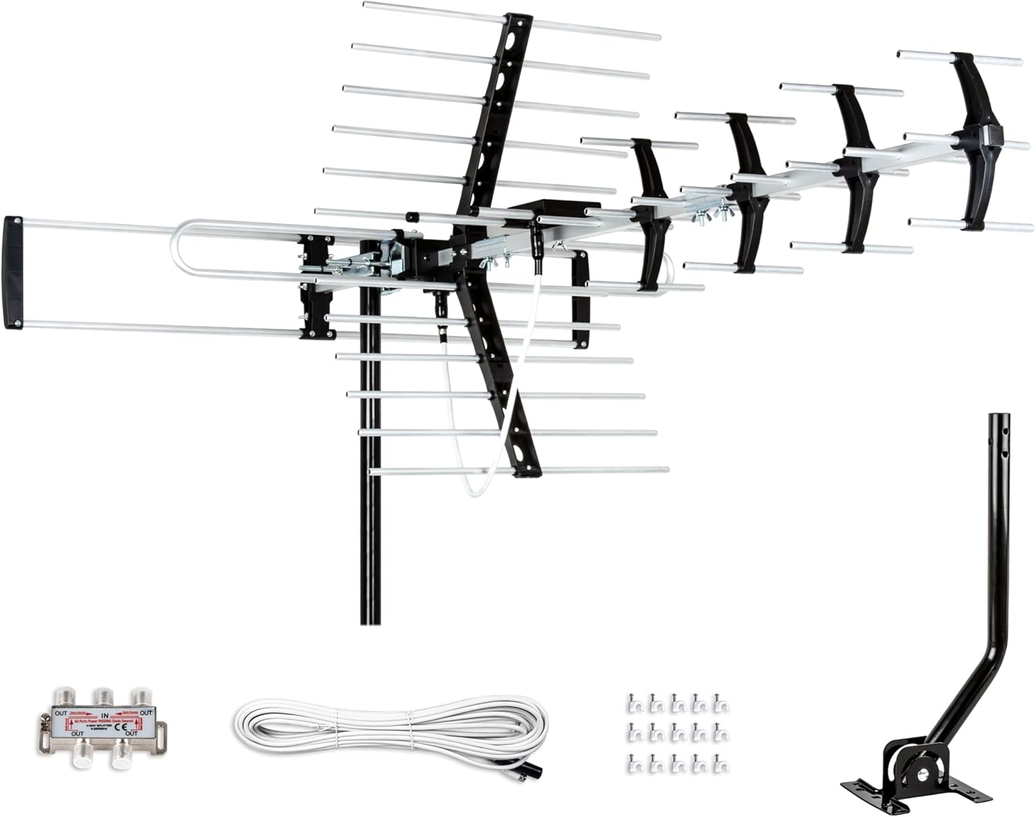Five Star Outdoor HDTV Antenna up to 200 Mile Long Range, Attic or Roof Mount, Digital OTA Antenna for 4K 1080P VHF UHF Supports 4 TVs Installation Kit  J Mount, ATSC 3.0 Ready