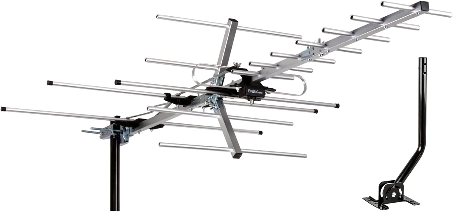 Five Star Yagi Satellite HD TV Antenna up to 200 Mile Long Range, Attic or Roof Mount Digital OTA TV Antenna for 4K Supports 4 TVs Installation Kit  Mounting Pole, Radio/FM Antenna