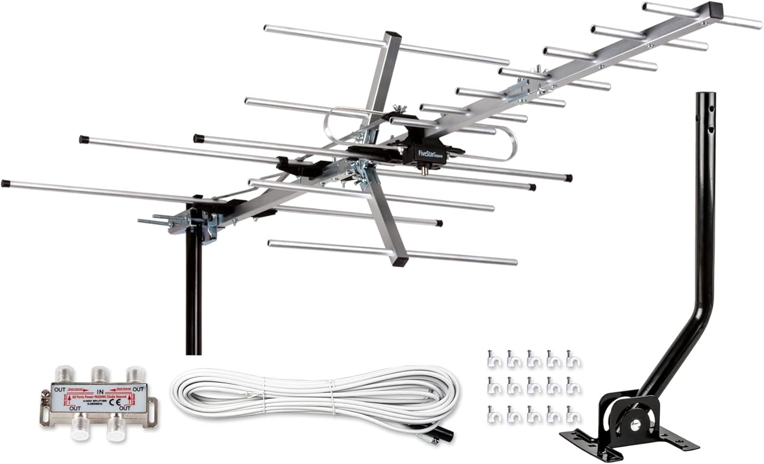 Five Star Yagi Satellite HD TV Antenna up to 200 Mile Long Range, Attic or Roof Mount Digital OTA TV Antenna for 4K Supports 4 TVs Installation Kit  Mounting Pole, Radio/FM Antenna