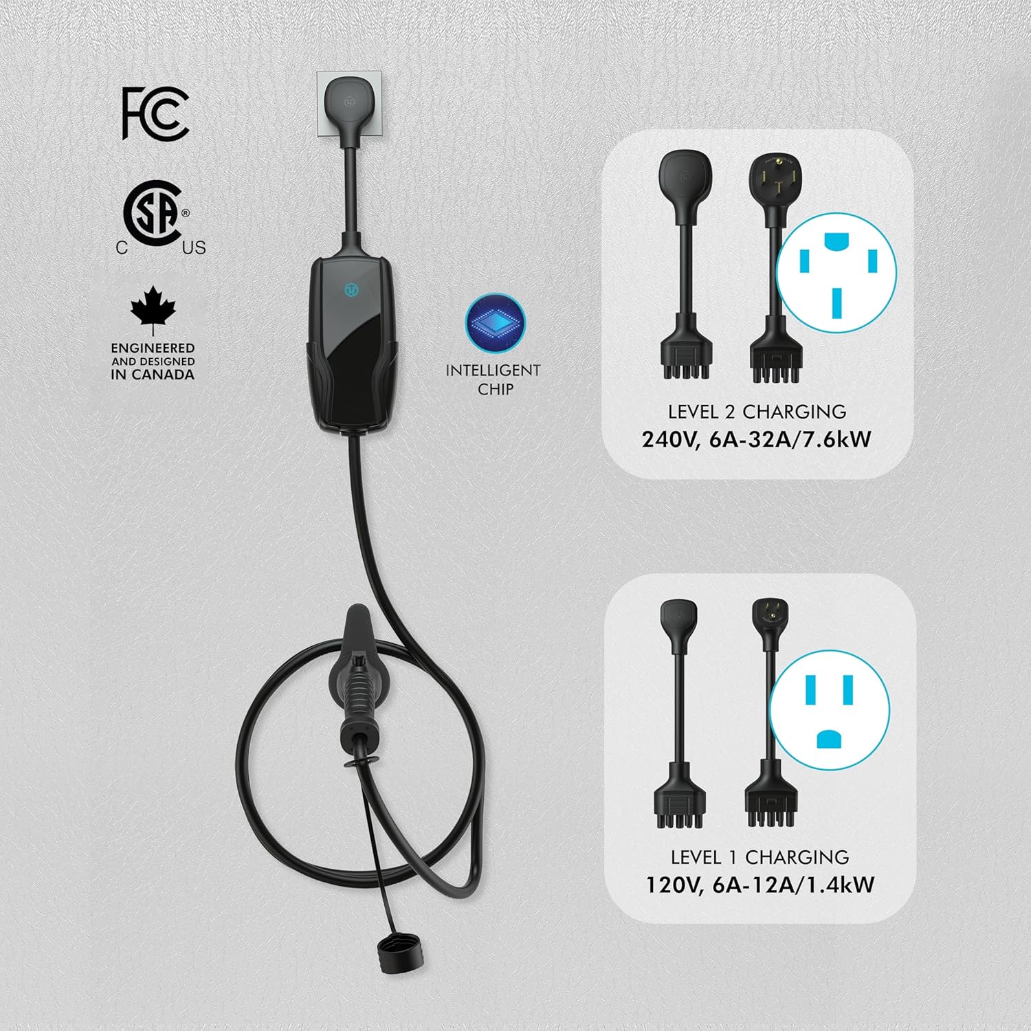 Flex-AC Level 2 EV Charger 7.6kW, 6-32 Amp, 120V/240V, NEMA 5-15 and NEMA 14-50 Plug, Indoor/Outdoor, WiFi Connection, CSA Tested and FCC Certified, 22 feet Cable (Black)