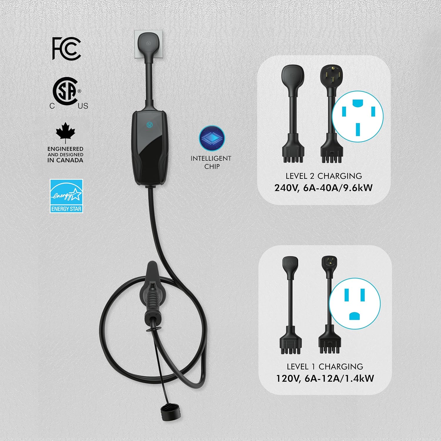 Flex-AC Level 2 EV Charger 9.6kW, 6-40 Amp, 120V/240V, NEMA 5-15 and NEMA 14-50 Plug, Indoor/Outdoor, WiFi Connection, CSA Tested, Energy Star, and FCC Certified, 22 feet Cable (White) Flex-AC Level 2 EV Charger 9.6kW, 6-40 Amp, 120V/240V, NEMA 5-15 and NEMA 14-50 Plug, Indoor/Outdoor, WiFi Connection, CSA Tested, Energy Star, and FCC Certified, 22 feet Cable (White)
