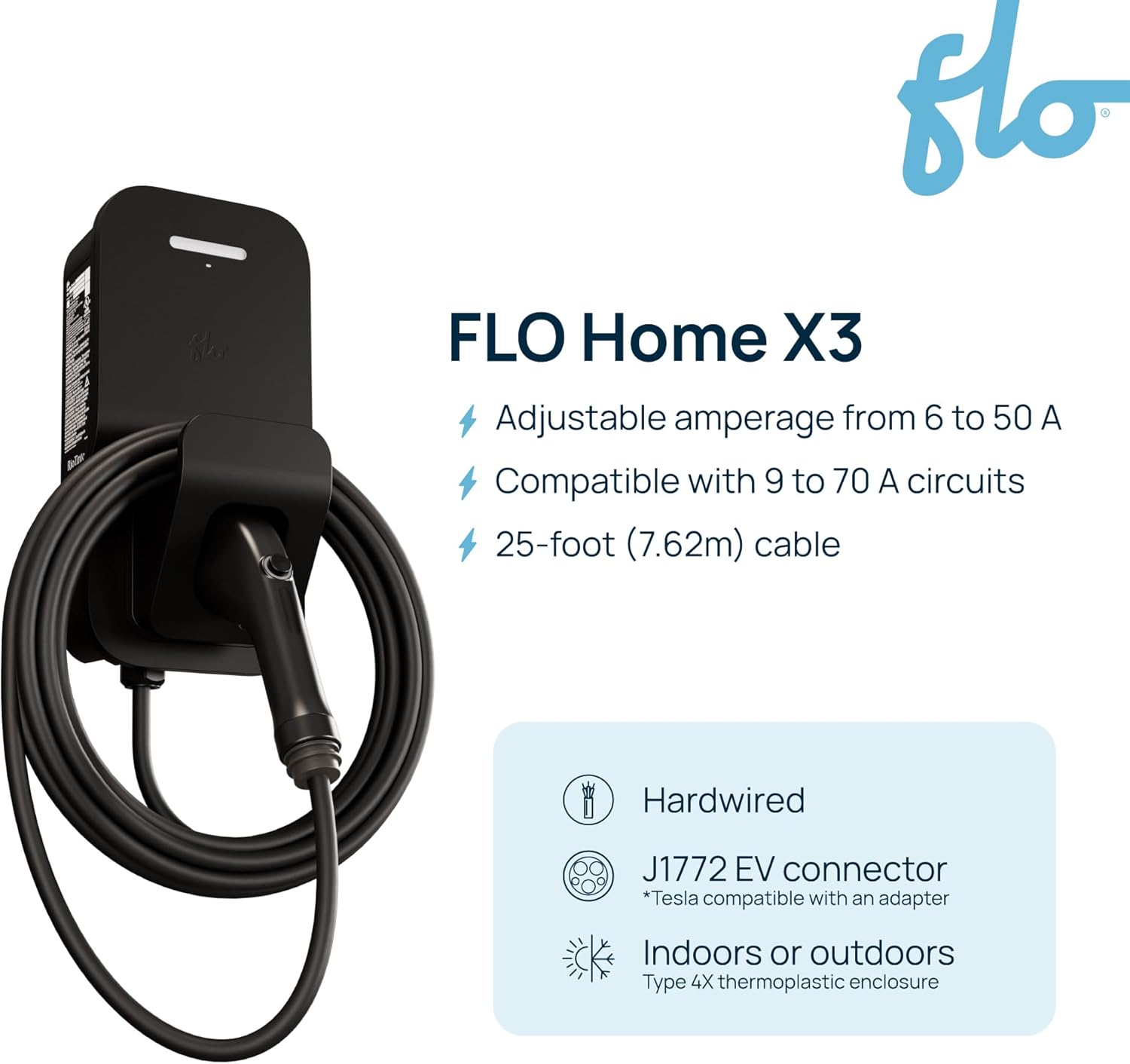 FLO Home X3 Level 2 Electric Vehicle Charging Station, 12 kW at 50 amp/240 V, Fast Home Charging for All EVs (J1772), Hardwired, UL/Energy Star Certified, 25 ft Cable, Toughest Outdoor Rating
