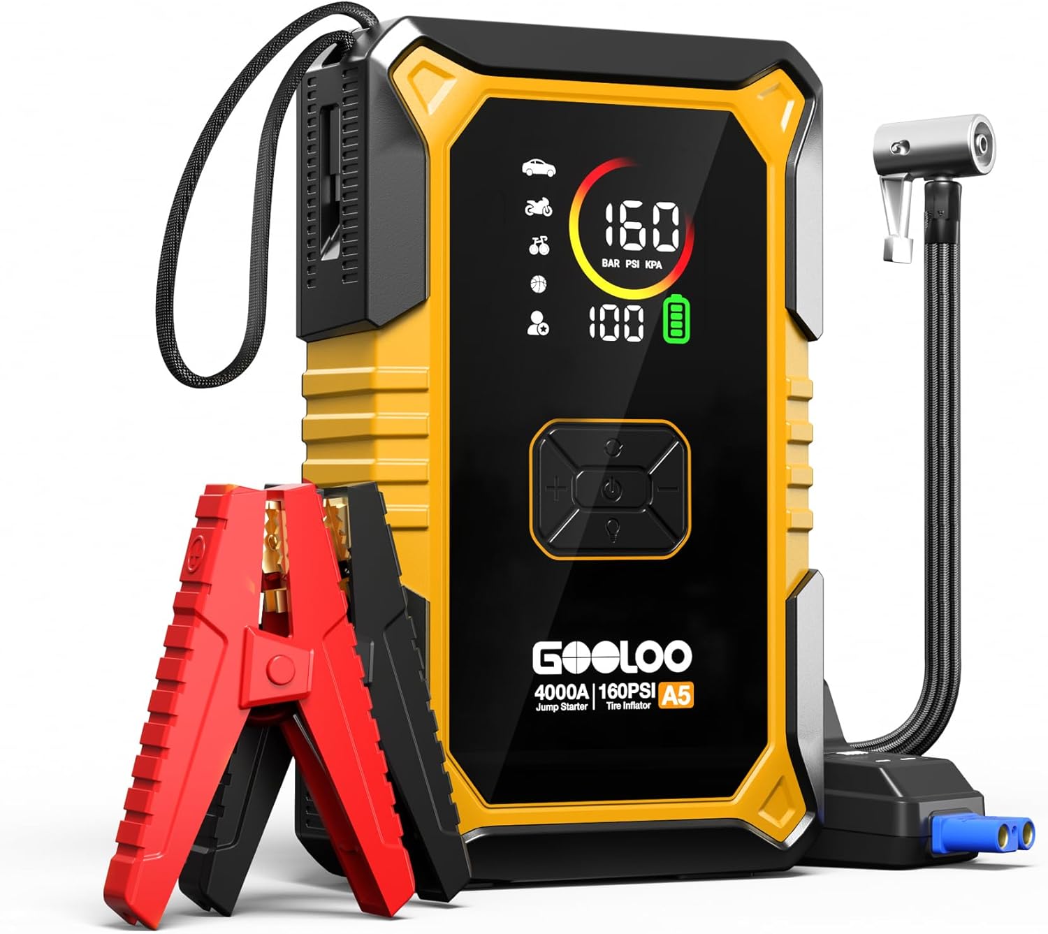 GOOLOO A5 Jump Starter with Air Compressor, 4000A Car Battery Jump Starter (All Gas/10.0L Diesel) with 160PSI Tire Inflator Auto-Off, 45W Output Power Bank, 12V Jump Box Car Jumper Starter Portable
