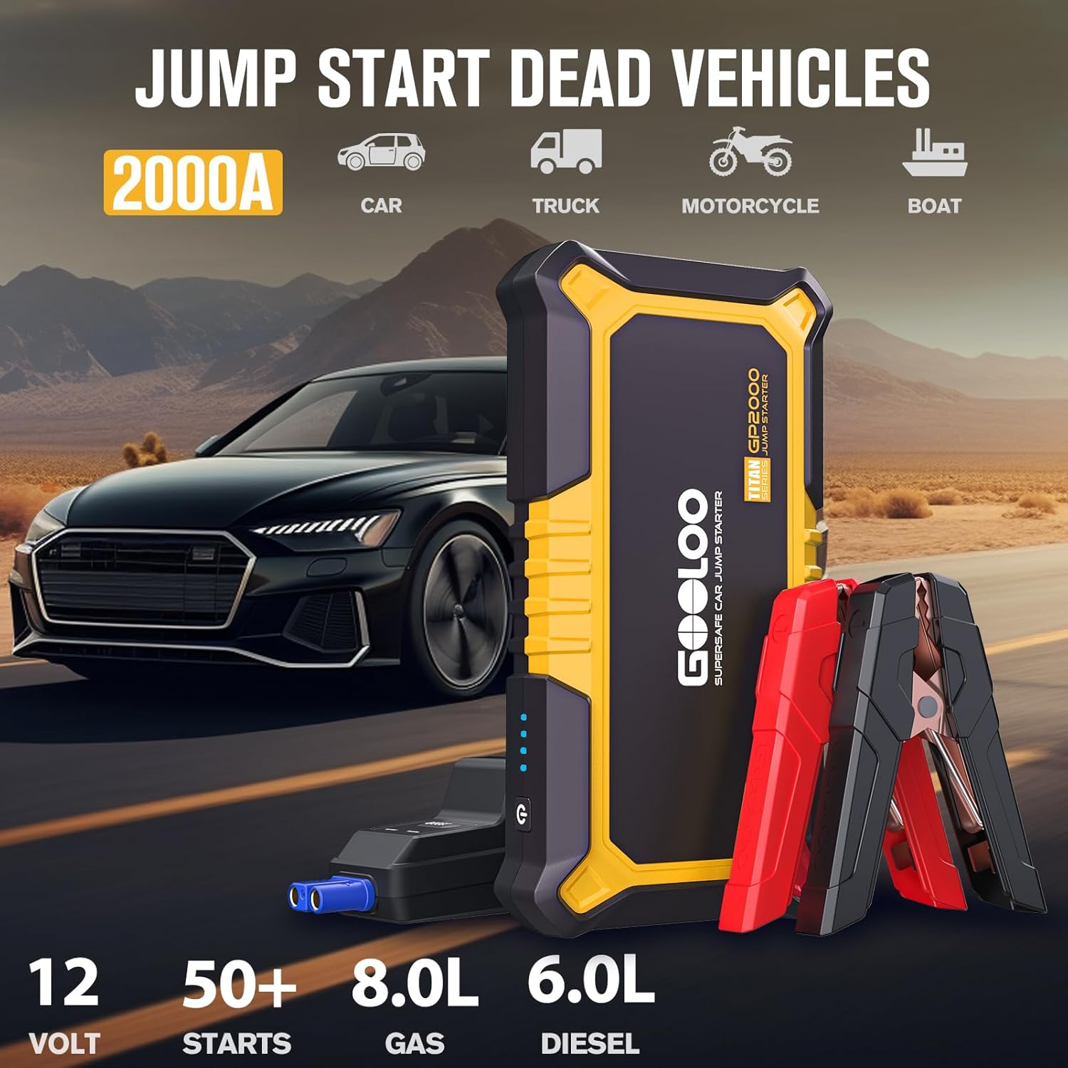 GOOLOO Portable GP3000  GP2000 Car Jump Starters for 12 Volt Automotive Batteries,Jump Box Power Pack with USB Quick Charge  Flashlight