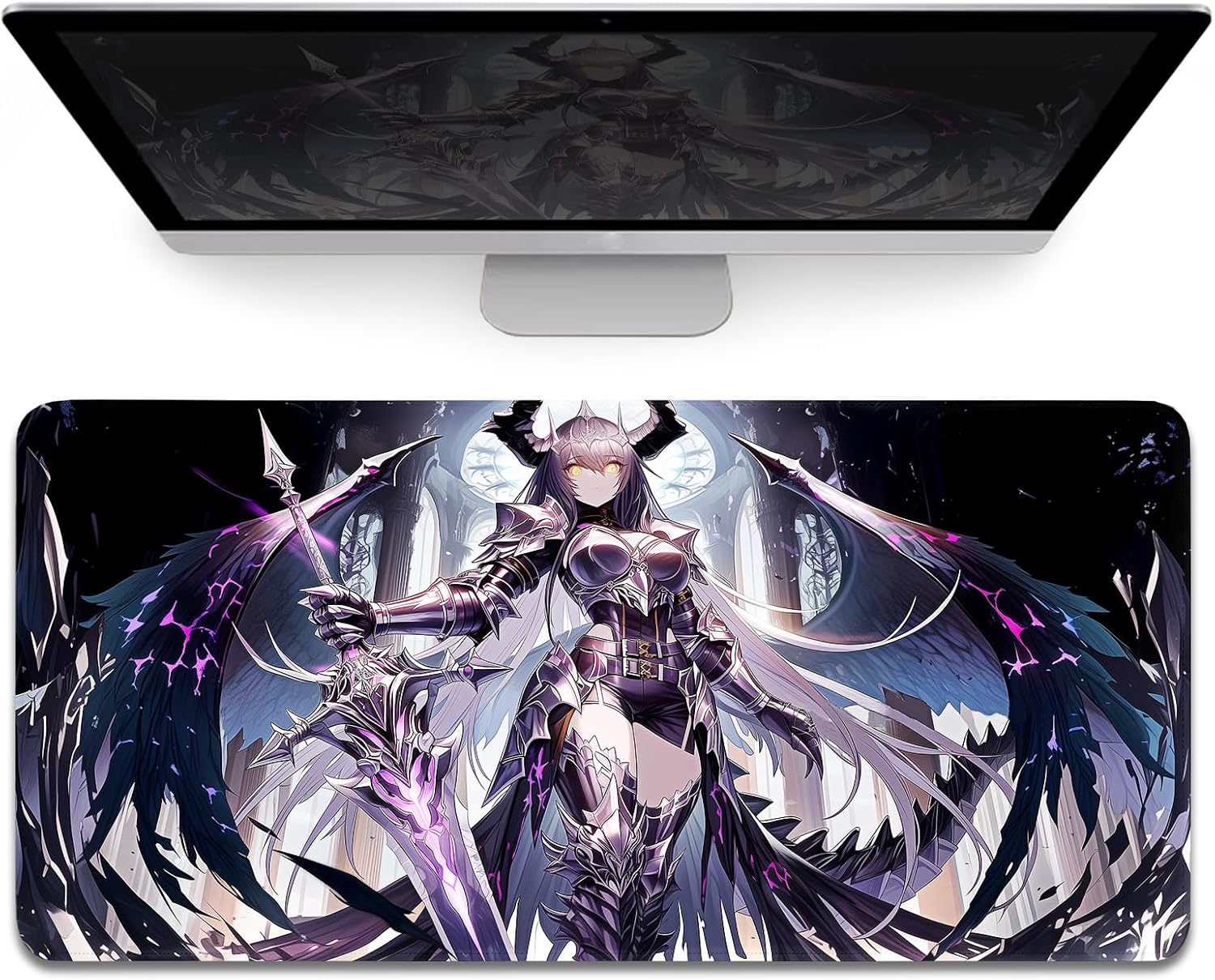 Horned Sexy Anime Succubus Large Mouse Pad XL, Silver Haired Drak Fantasy Angel Warrior Gaming Mats, Full Desk Mouse Pad, 4mm Thick Non-Slip Desk Mat for Office, 120x60cm 47″x23.5″