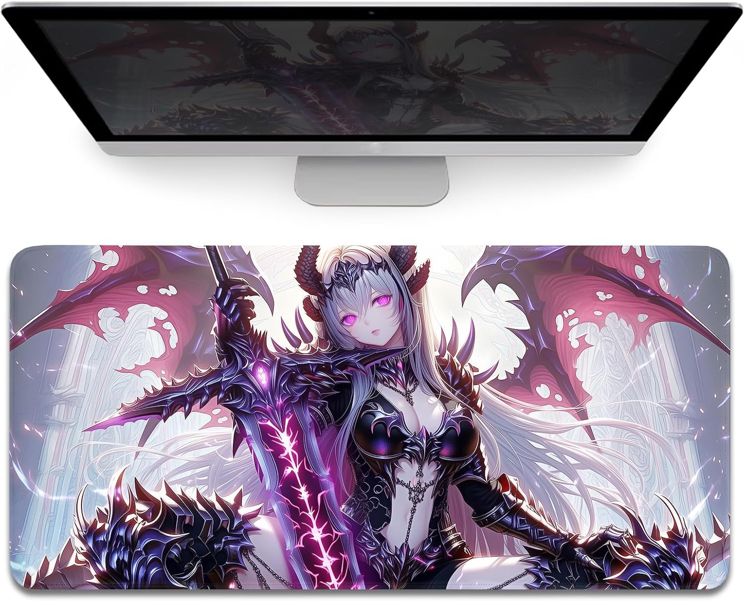 Horned Sexy Anime Succubus Large Mouse Pad XL, Silver Haired Drak Fantasy Angel Warrior Gaming Mats, Full Desk Mouse Pad, 4mm Thick Non-Slip Desk Mat for Office, 120x60cm 47″x23.5″