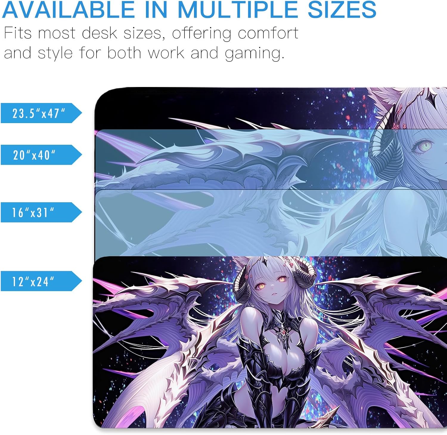 Horned Sexy Anime Succubus Large Mouse Pad XL, Silver Haired Drak Fantasy Angel Warrior Gaming Mats, Full Desk Mouse Pad, 4mm Thick Non-Slip Desk Mat for Office, 120x60cm 47″x23.5″
