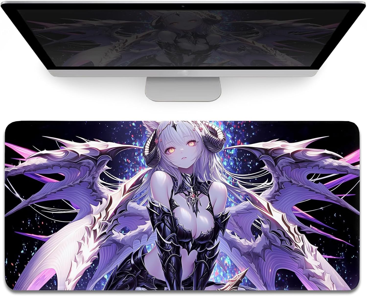 Horned Sexy Anime Succubus Large Mouse Pad XL, Silver Haired Drak Fantasy Angel Warrior Gaming Mats, Full Desk Mouse Pad, 4mm Thick Non-Slip Desk Mat for Office, 120x60cm 47″x23.5″