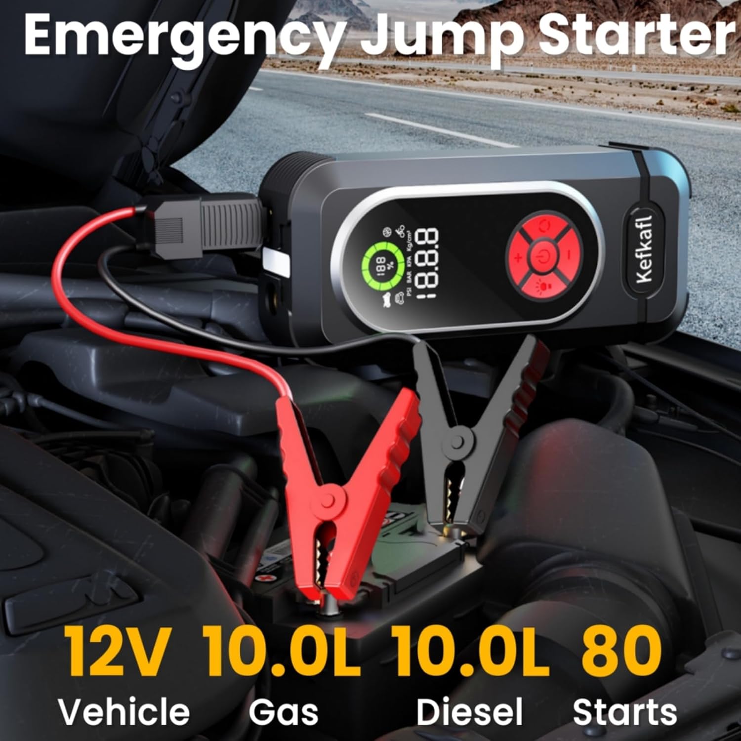 Jump Starter with Air Compressor, 4000A Car Battery Jump Starter (10.0 Gas/10.0L Diesel), 150 PSI 12V Car Battery Jump Box with Tire Inflator, Jumper Cables, LED Light, LED Display