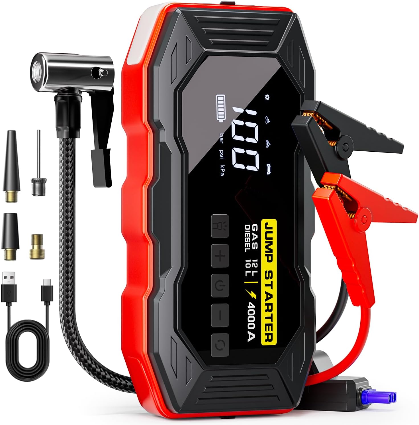 Jump Starter with Air Compressor, Portable Car Battery Jump Starter(12 Gas/10L Diesel), 4000A Peak 160PSI 12V Automobile Jump Box Pack Chargers with Jumper Cables, 4-Mode LED Lights, LCD Display