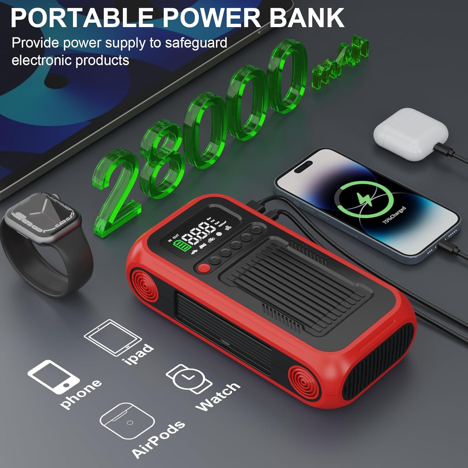 Jump Starter with Tire Inflator, 12V Portable Jump Box with 150 PSI Digital Air Compressor, 4000A Car Battery Jumper for Up to 10L Gas/8.0L Diesel Cars, Trucks, Motorcycles, Bikes and More