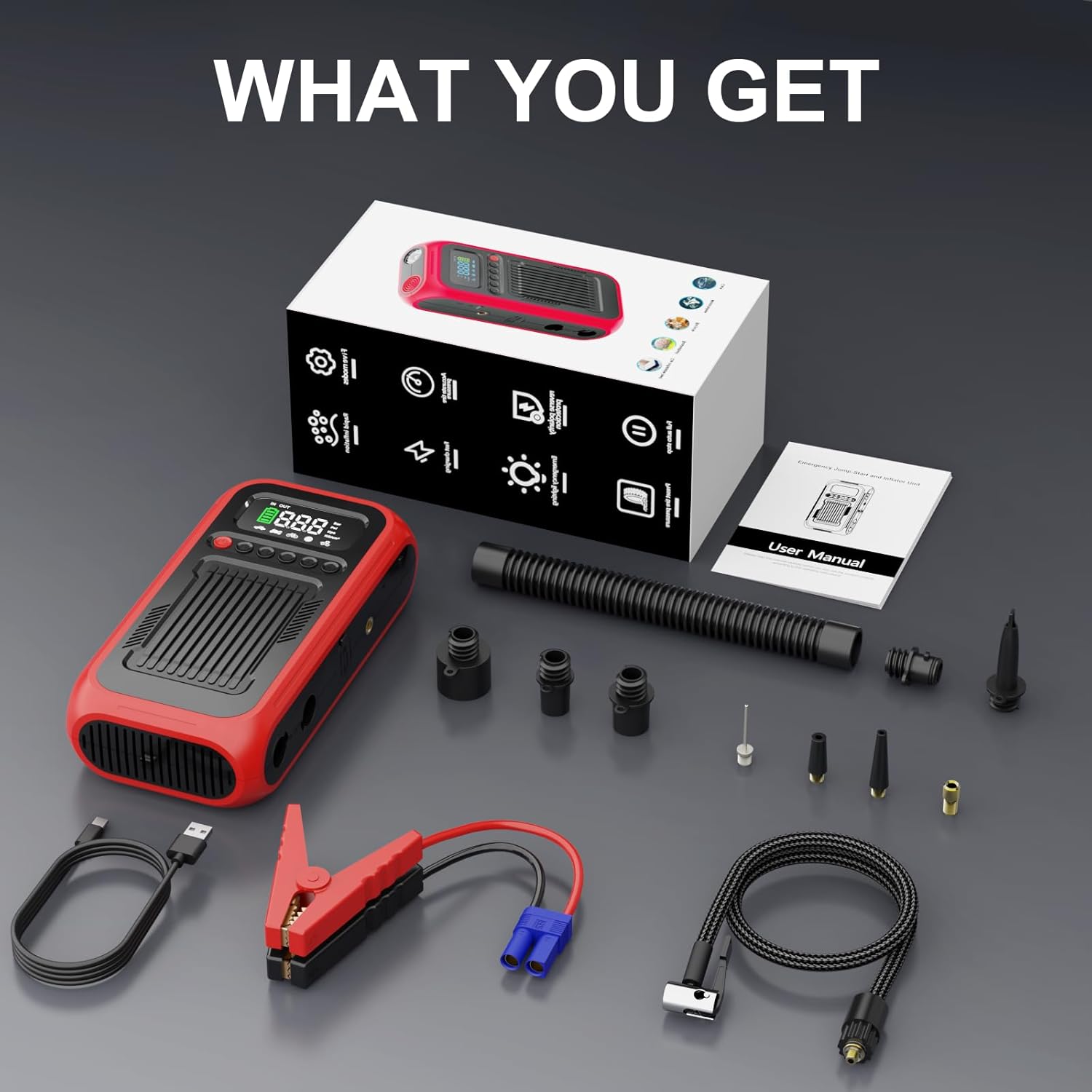 Jump Starter with Tire Inflator, 12V Portable Jump Box with 150 PSI Digital Air Compressor, 4000A Car Battery Jumper for Up to 10L Gas/8.0L Diesel Cars, Trucks, Motorcycles, Bikes and More