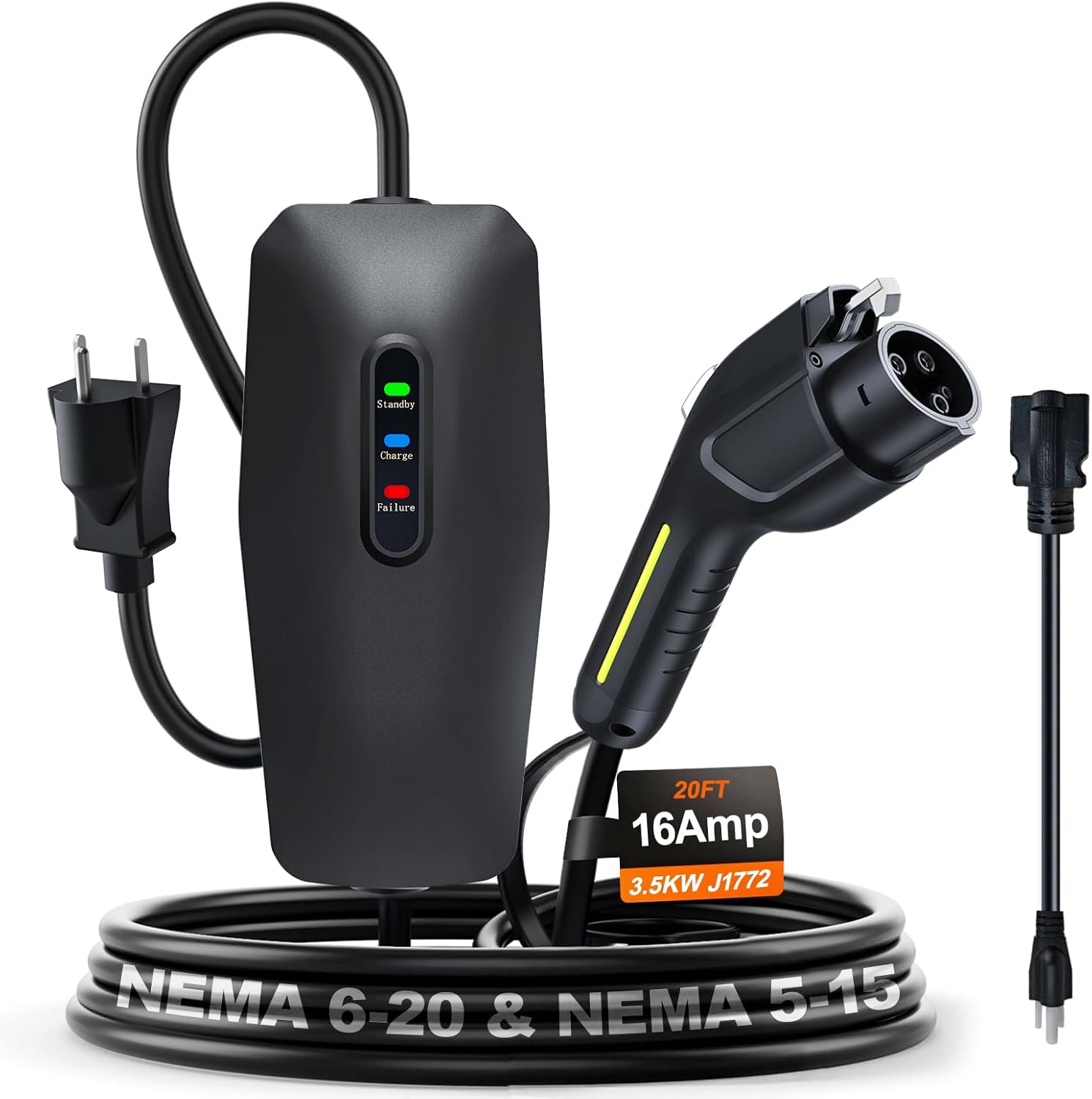 Level 12 EV Charger 2026 Upgraded 16A 3.5KW - 20FT Cable  Dual NEMA Adapter (5-15/6-20) - 110V-240V Portable Electric Car Charger for All SAE J1772 EVs