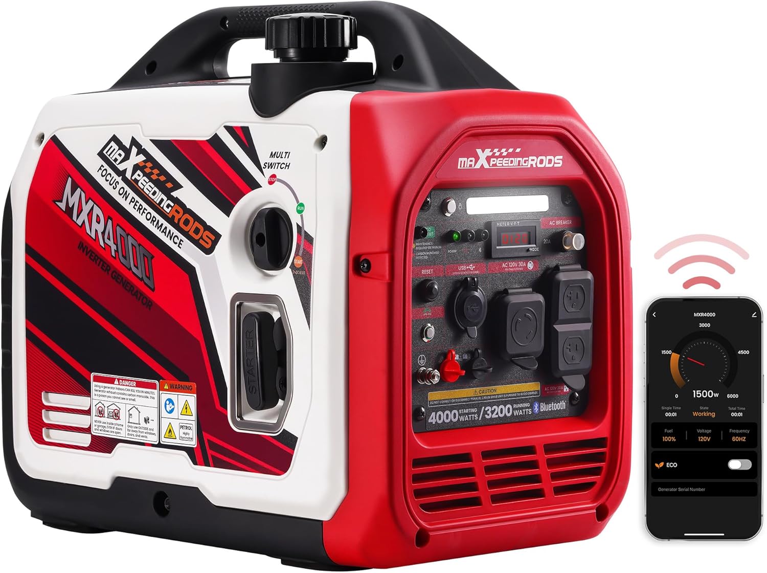 maXpeedingrods 4000 Watt Inverter Generator Portable, Bluetooth® App Remote Data Monitor, RV Ready, Gas Powered Generator with CO Alarm for Outdoor Camping, Home Backup maXpeedingrods 4000 Watt Inverter Generator Portable, Bluetooth® App Remote Data Monitor, RV Ready, Gas Powered Generator with CO Alarm for Outdoor Camping, Home Backup