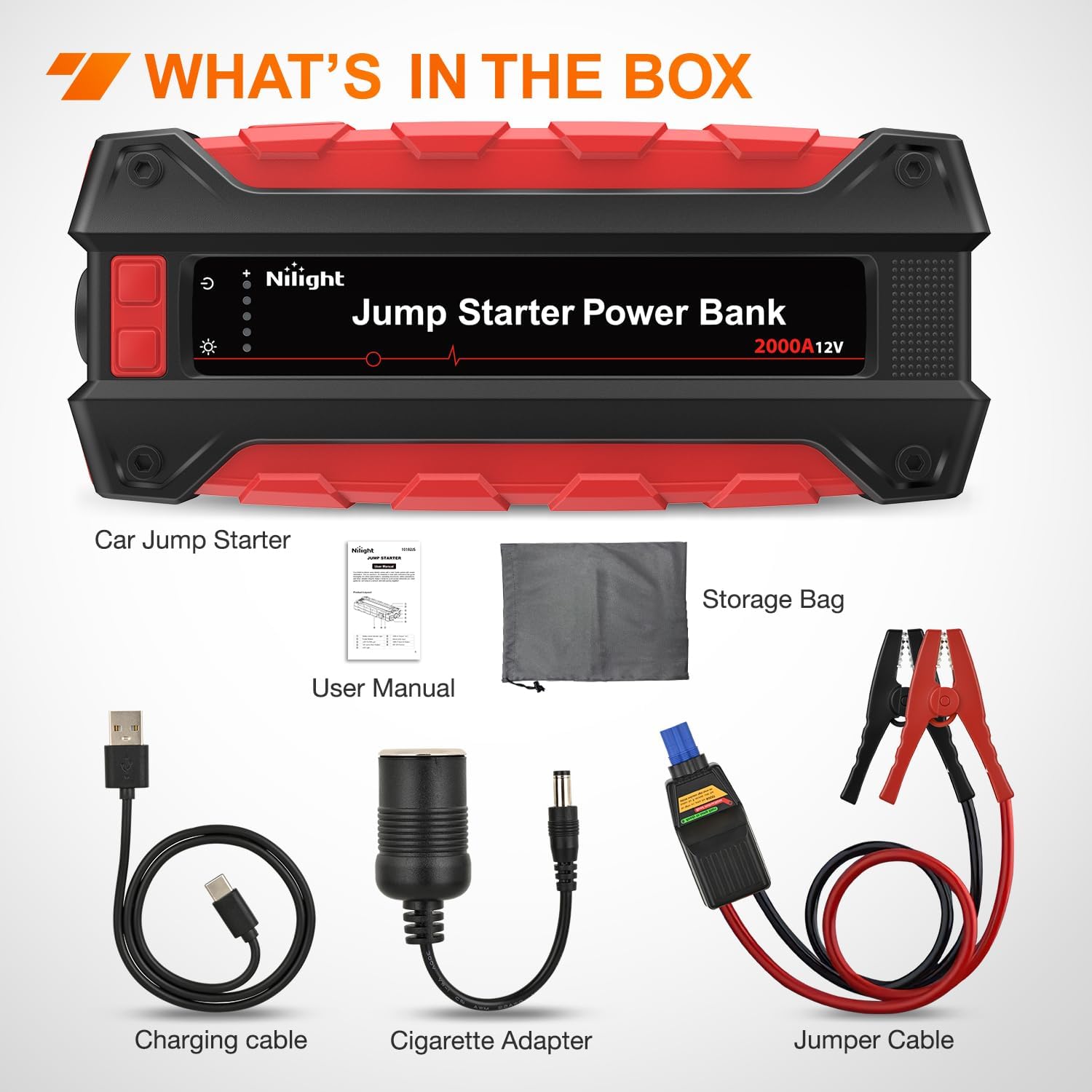 Nilight 2000A Car Battery Jump Starter for Up to 8.0L Gas  7.0L Diesel Engines 12V Portable Jump Start Booster Pack Jump Box with Jumper Cables DC Output and LED Light