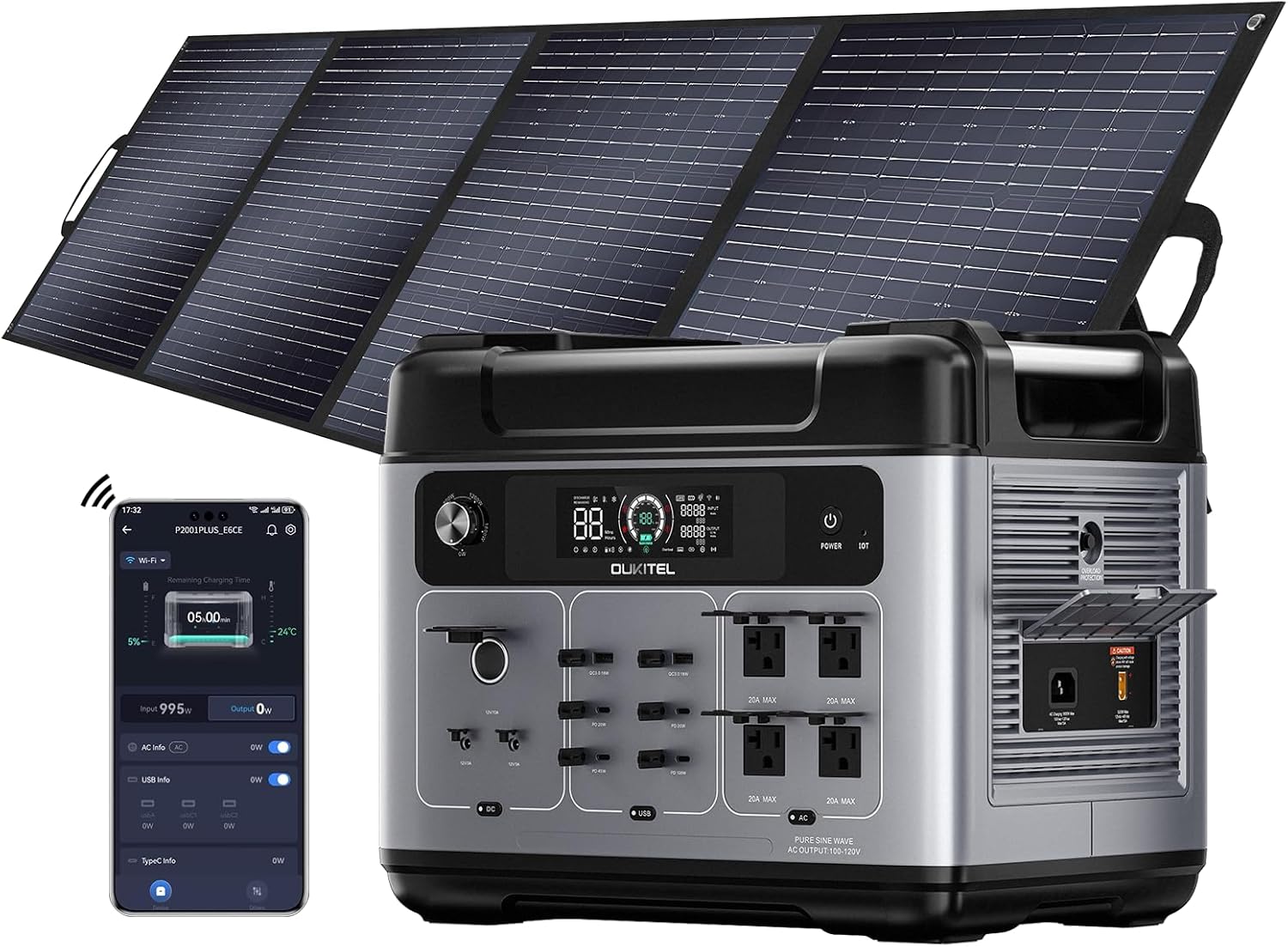 OUKITEL P2001 Plus 2400W Power Station with 200W Solar Panel, 2048Wh Solar Generator with 4 AC Outlets (5000W Peak), 1.5H Full Charging, APP Control Battery Backup for Home, Camping  RVs