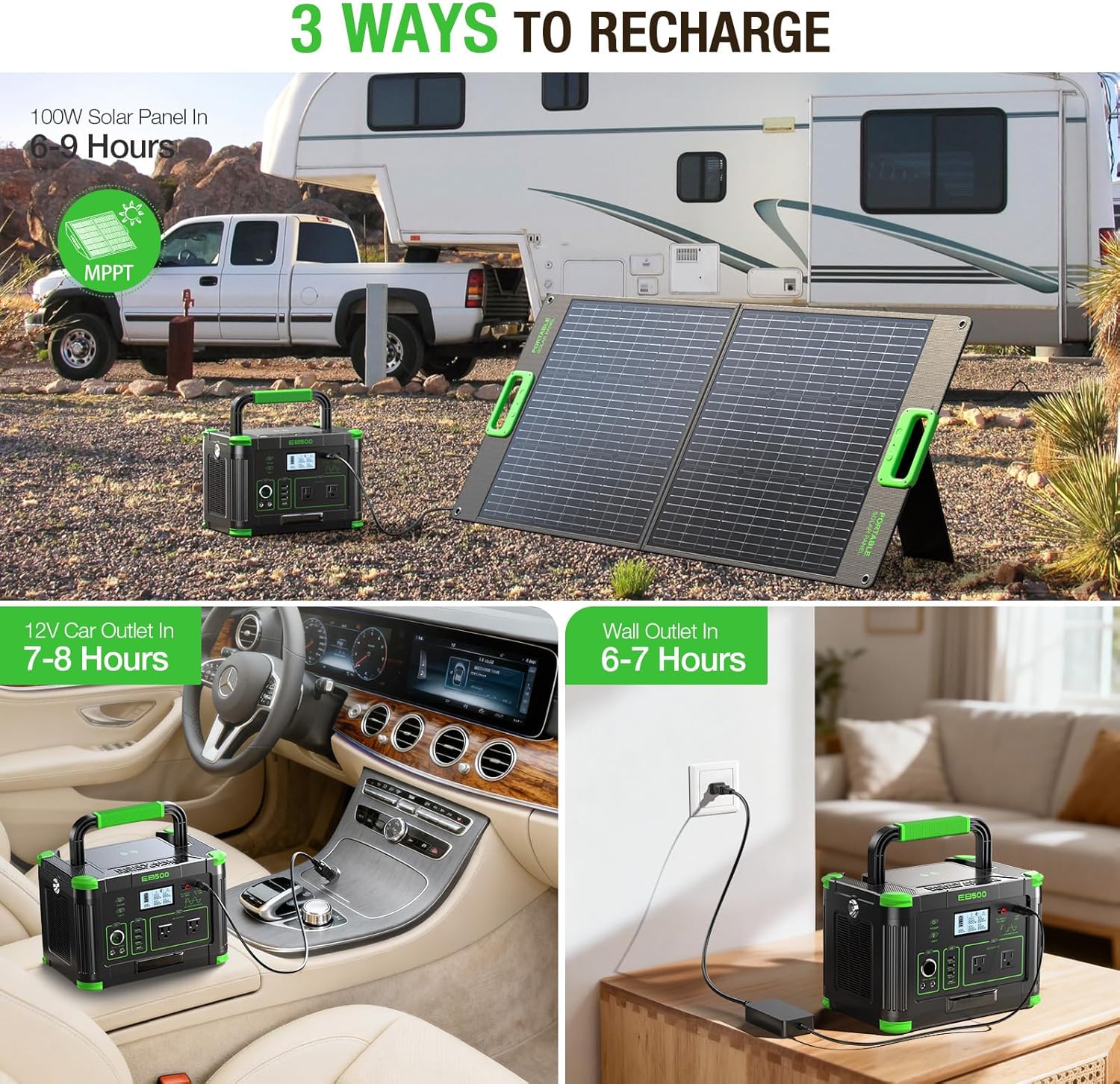 Portable Power Station 500W (Peak 1000W), 519Wh Solar Generator with 2x110V AC Outlets  USB-C PD 60W, 10-Port Power Bank with Wireless Charger for Outdoor Camping, RV Trips, and Home Emergency Backup