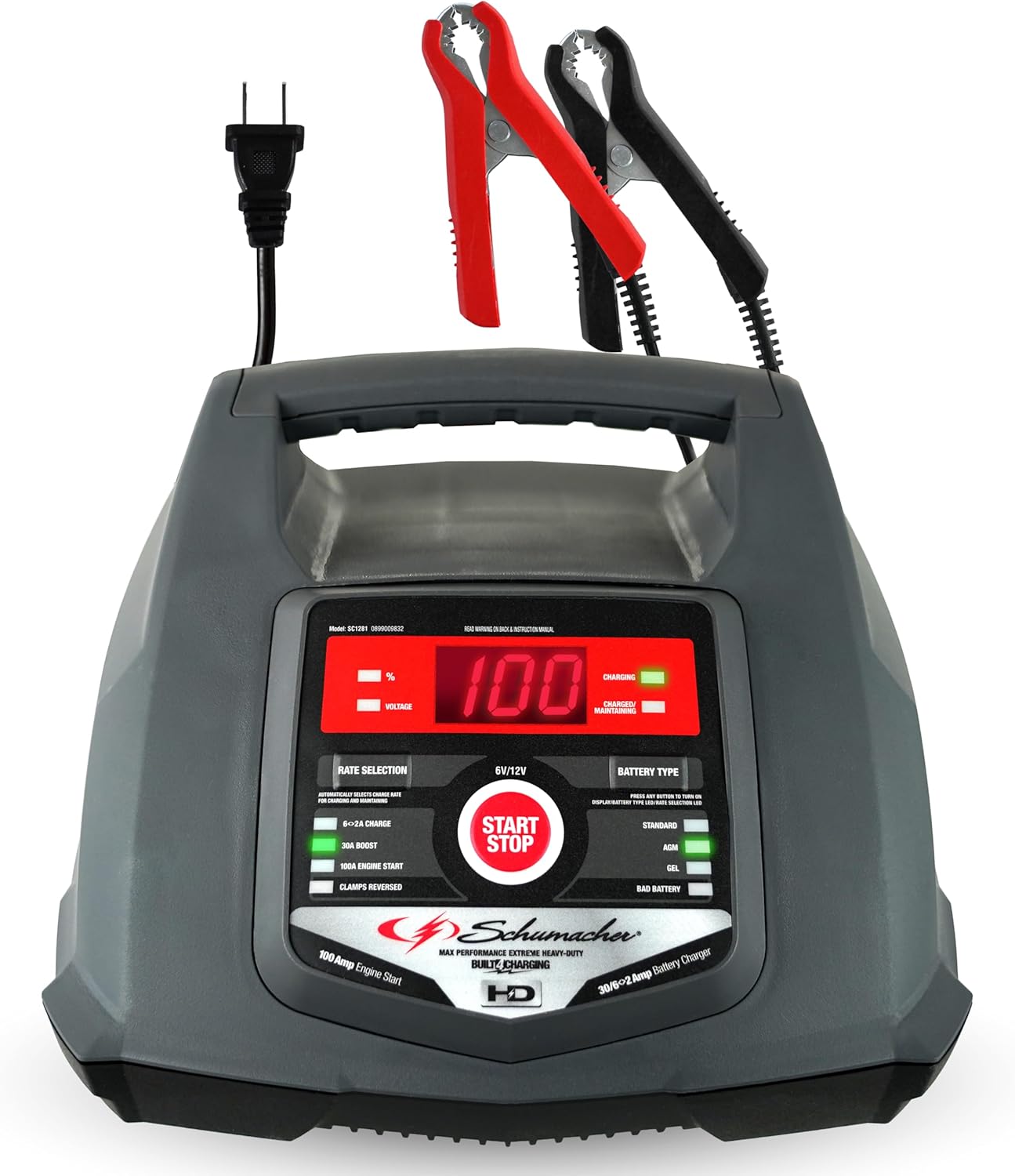 Schumacher Electric 6A Car Battery Charger and 100A Engine Starter, 5-in-1 Solution, Maintainer, 30A Boost, for 6V/12V Power Sport, Automotive, and Marine Batteries, SC1281