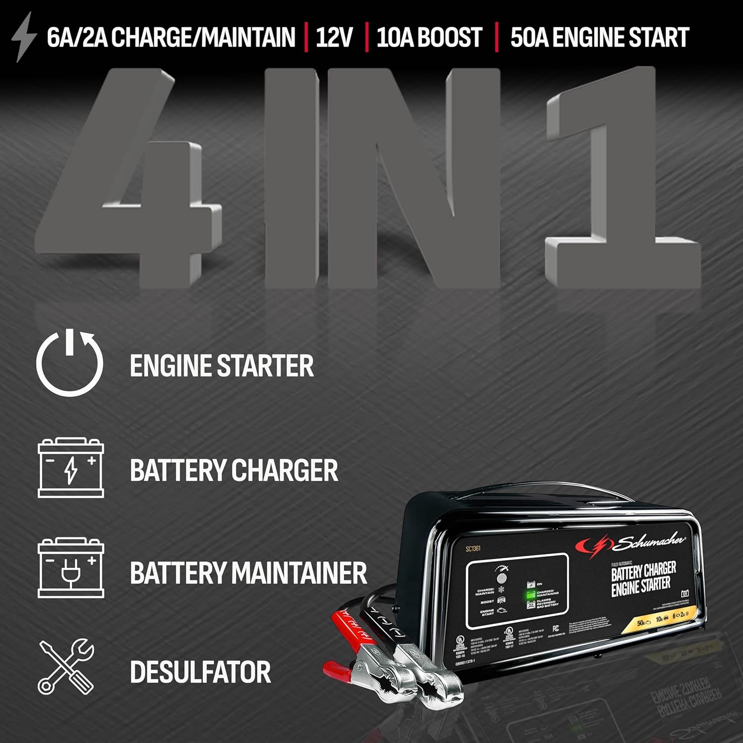 Schumacher Electric 6A Car Battery Charger and 50A Engine Starter, 4-in-1 Solution, Maintainer, 10A Boost, for 12V Power Sport, Automotive, and Marine Batteries, SC1361