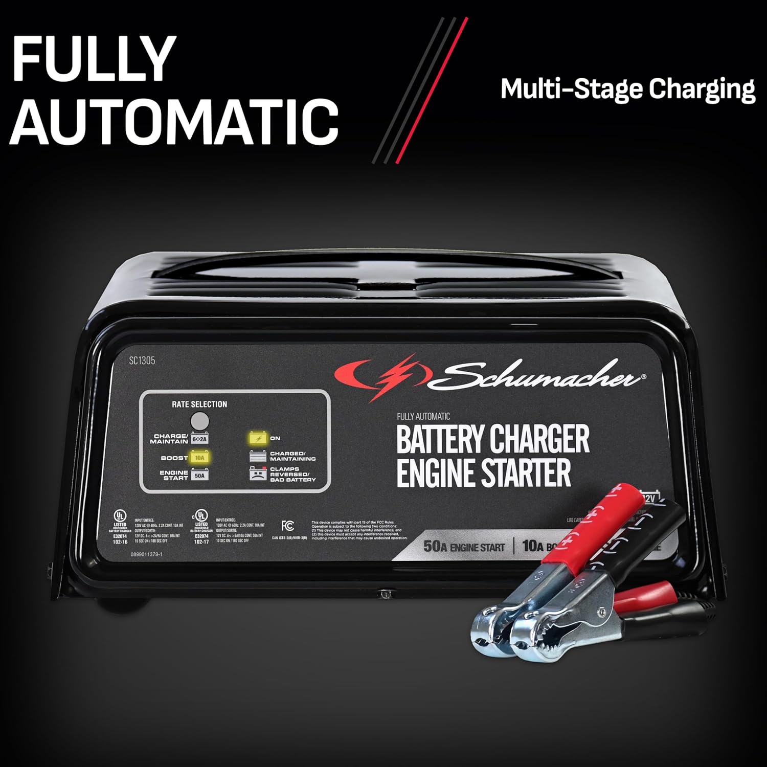 Schumacher Electric 6A Car Battery Charger and 50A Engine Starter, 4-in-1 Solution, Maintainer, 10A Boost, for 12V Power Sport, Automotive, and Marine Batteries, SC1305