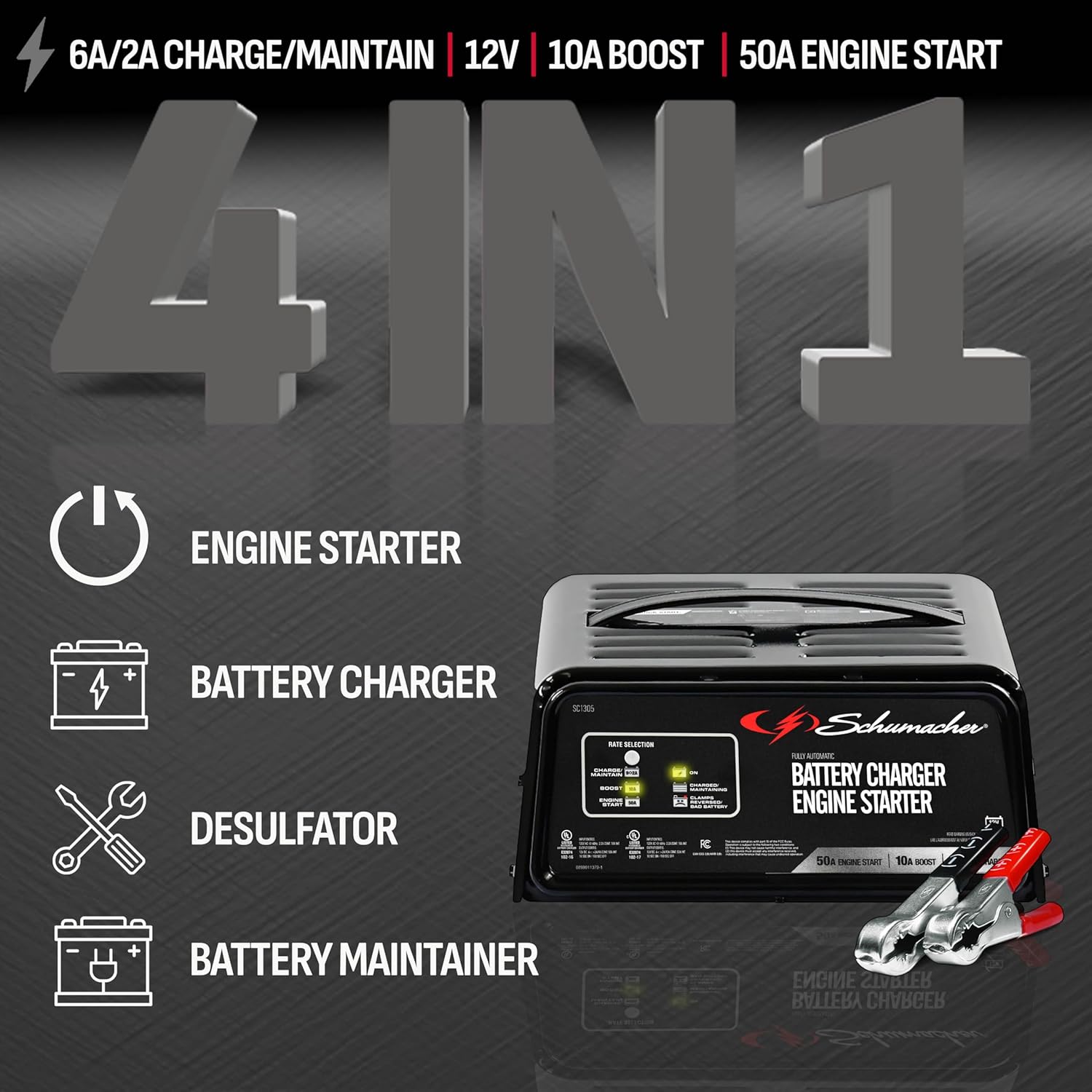 Schumacher Electric 6A Car Battery Charger and 50A Engine Starter, 4-in-1 Solution, Maintainer, 10A Boost, for 12V Power Sport, Automotive, and Marine Batteries, SC1305