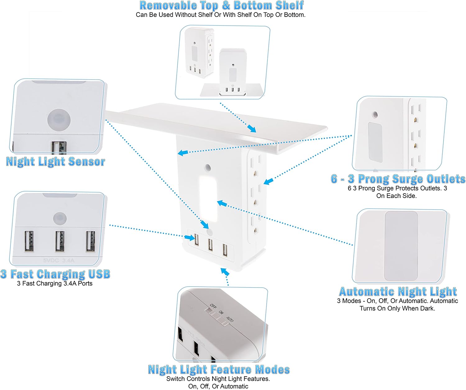 Swivel Power Outlet Charging Tower Station Shelf - 6 Spin Rotating Wall Charger Ports + 3 Fast Charging USB - Electrical Socket Power Stand Holder - Space Saving + Surge Protector