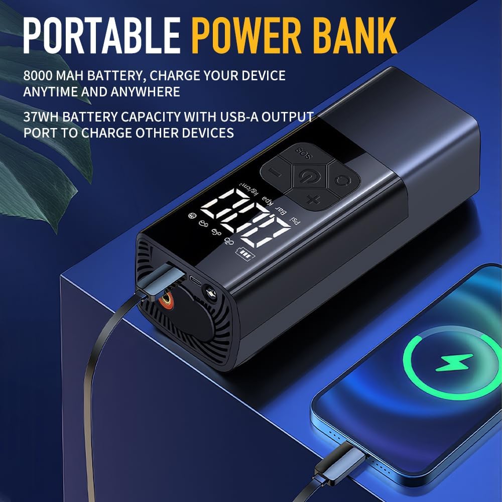 Tire Inflator Portable Air Compressor with Jump Starter - 150PSI  8000mAh Car Battery Jump Starter with Tire Pressure Gauge,Electric Air Pump for Car Tires,Motorcycle,Bike, Balls