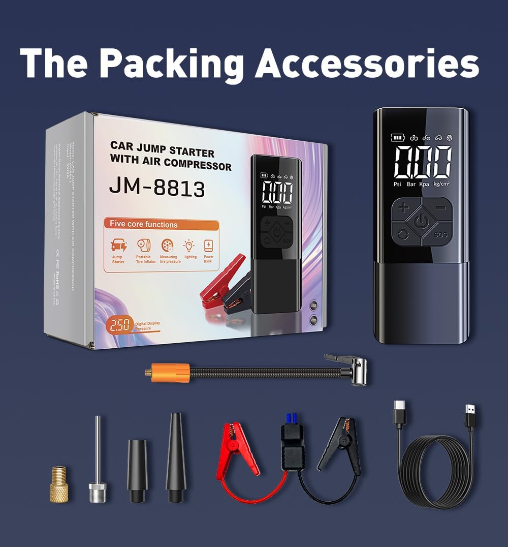 Tire Inflator Portable Air Compressor with Jump Starter - 150PSI  8000mAh Car Battery Jump Starter with Tire Pressure Gauge,Electric Air Pump for Car Tires,Motorcycle,Bike, Balls