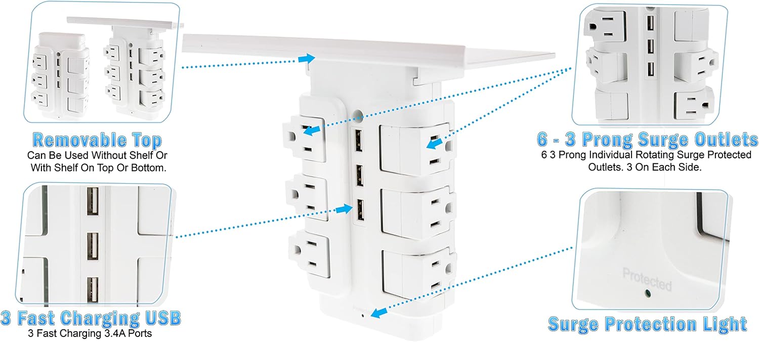 Wall Power Rotating Outlet Shelf - 6 Rotating Outlets