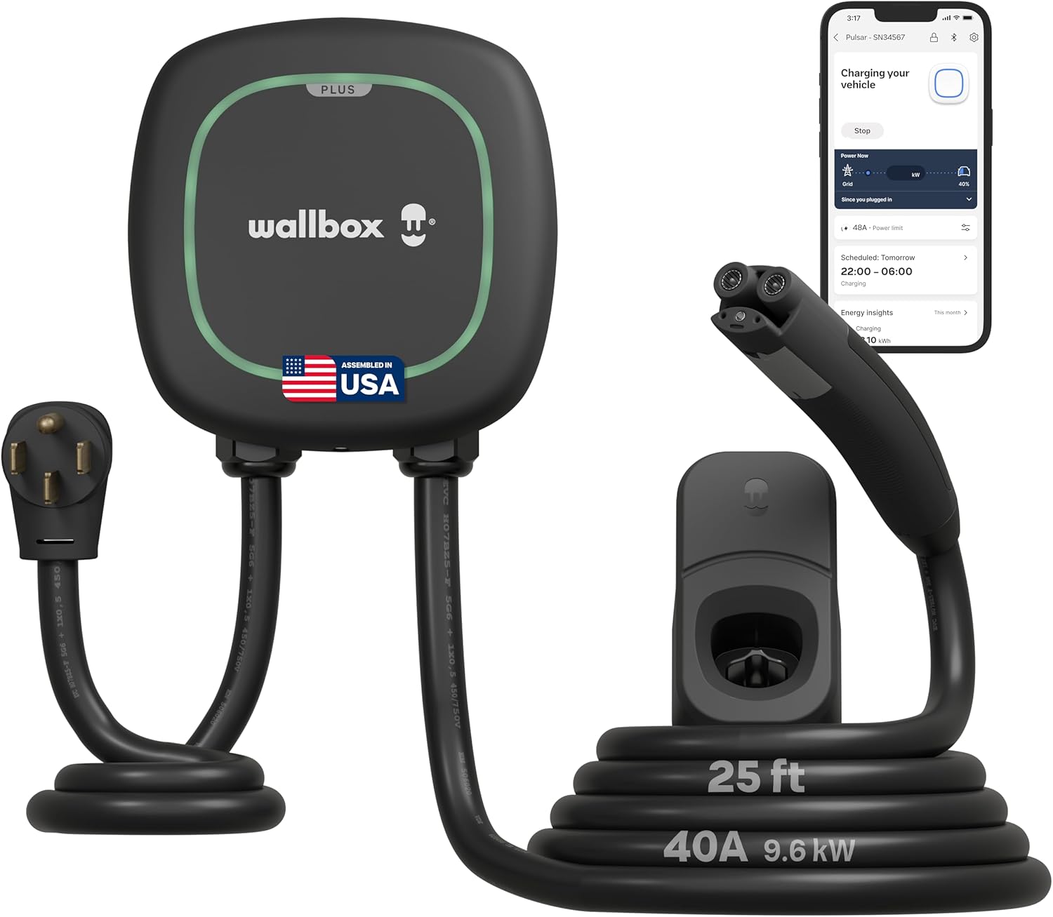 Wallbox Pulsar Plus Level 2 EV Charger 40 Amp - 9.6kW 240V Wall Home EV Charger - J1772 25ft Cable and NEMA 14-50 - Outdoor and Indoor EVSE - Energy Star and UL Certified - Assembled in USA