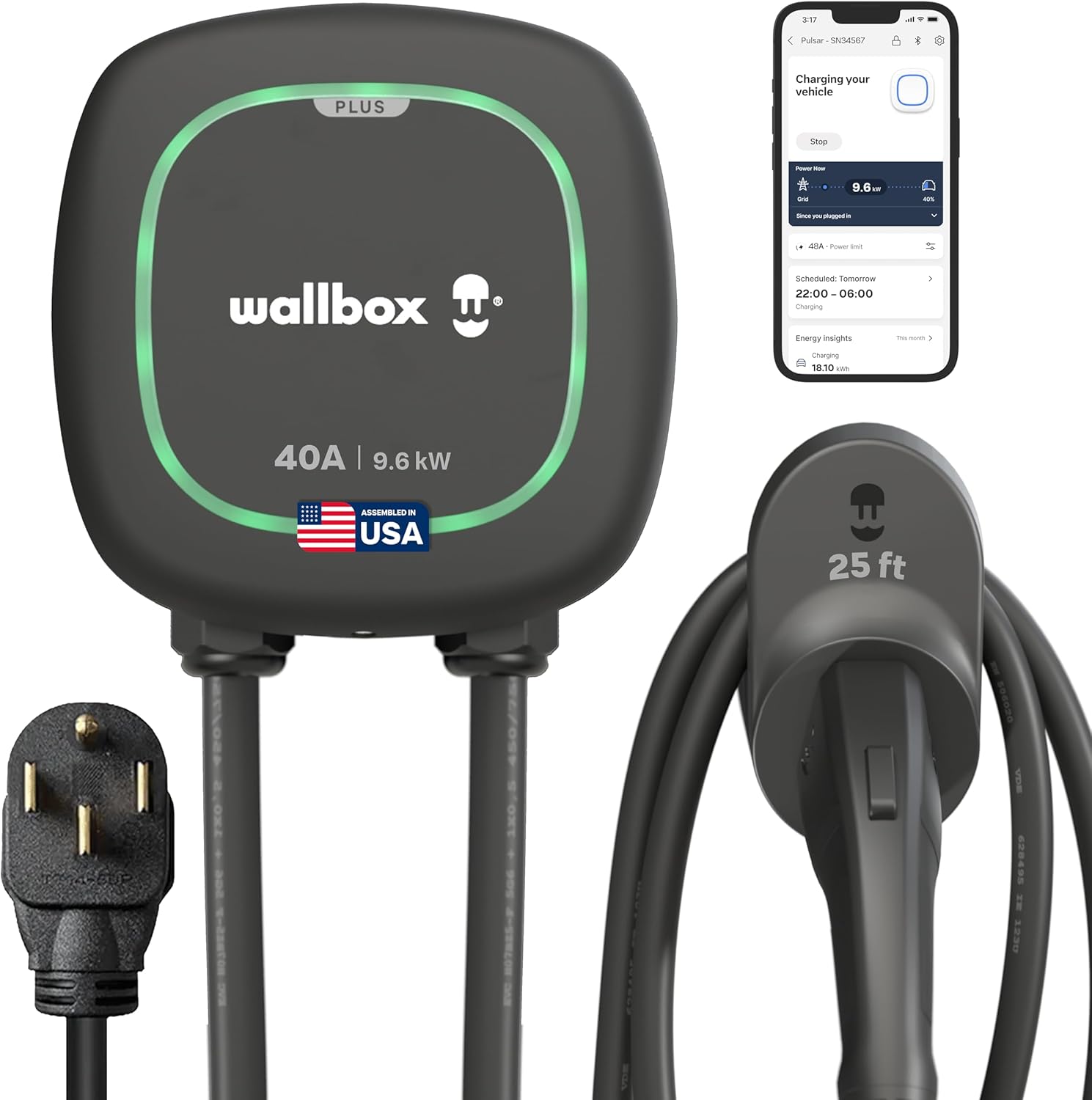 Wallbox Pulsar Plus Level 2 EV Charger 40 Amp - 9.6kW 240V Wall Home EV Charger - J1772 25ft Cable and NEMA 14-50 - Outdoor and Indoor EVSE - Energy Star and UL Certified - Assembled in USA