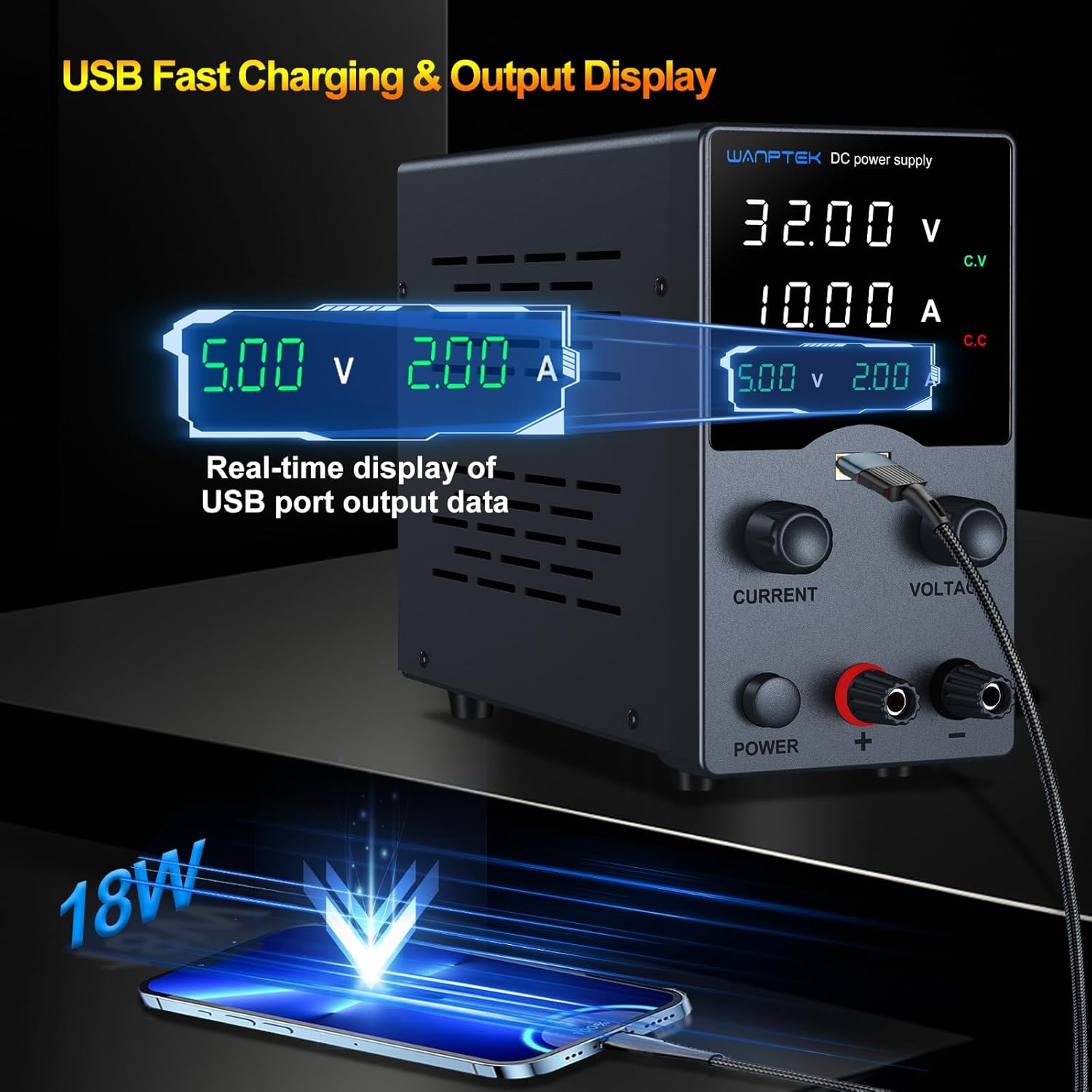 Wanptek DC Power Supply Variable 30V 10A, Bench Power Supplies with Encoder Adjustments Knob, USB Fast Charge Port with Output Current Display, 4-Digit LED Display Wanptek DC Power Supply Variable 30V 10A, Bench Power Supplies with Encoder Adjustments Knob, USB Fast Charge Port with Output Current Display, 4-Digit LED Display