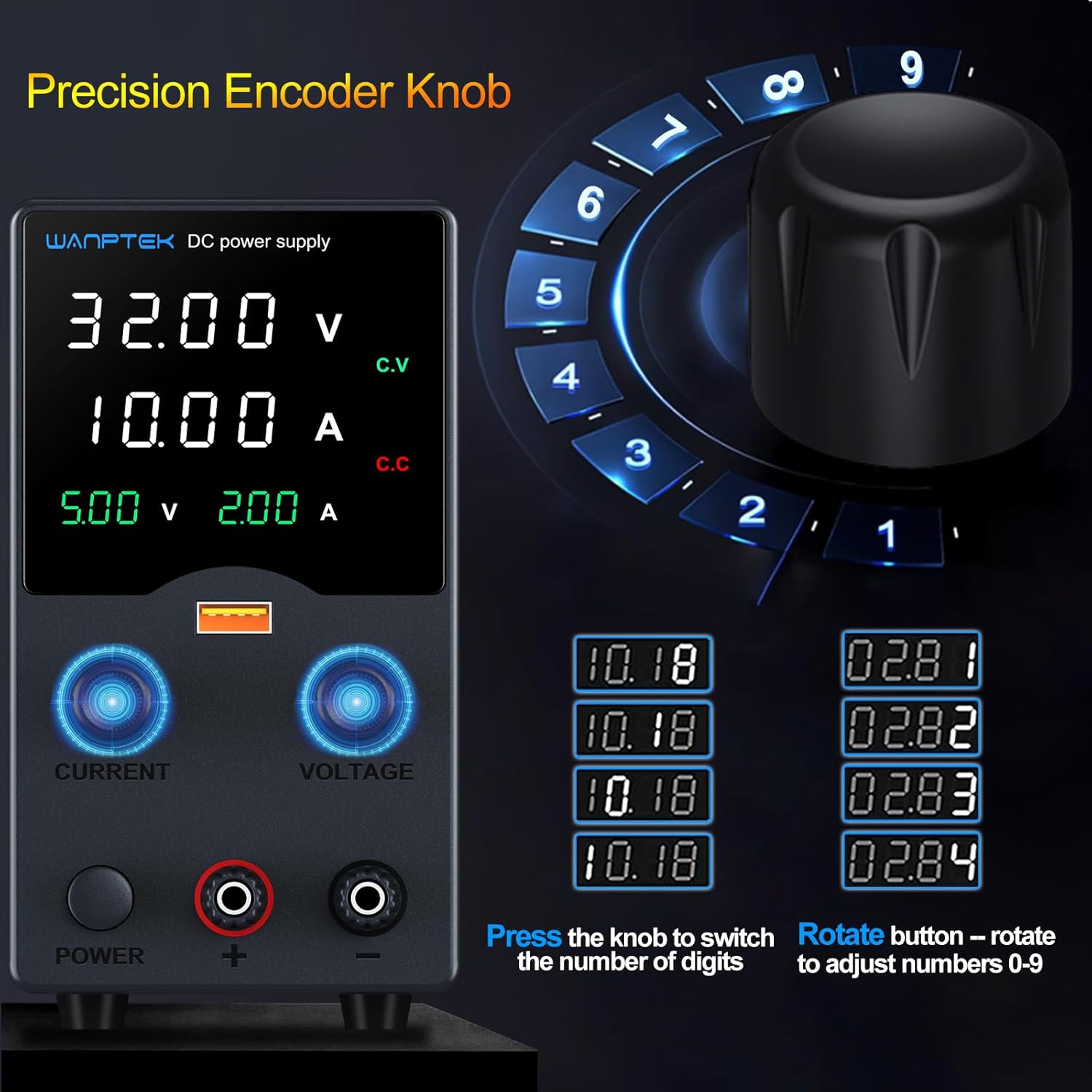 Wanptek DC Power Supply Variable 30V 10A, Bench Power Supplies with Encoder Adjustments Knob, USB Fast Charge Port with Output Current Display, 4-Digit LED Display Wanptek DC Power Supply Variable 30V 10A, Bench Power Supplies with Encoder Adjustments Knob, USB Fast Charge Port with Output Current Display, 4-Digit LED Display