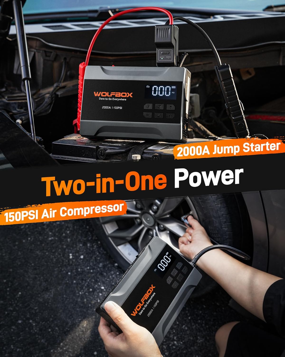 WOLFBOX 2000A Jump Starter with Air Compressor, 37Wh Car Battery Jumper Starter Portable (up to 5L Gas Engine) with 150PSI Tire Inflator, 12V Jump Box with Jumper Cables, Boost, LED Light
